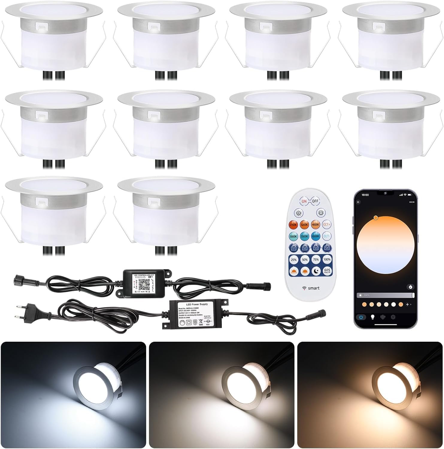 10 stuks WIFI Smart Dimbare 3000K-6000K inbouwspots 1W vloerinbouwlampen werkt met Alexa, Google Home, Ø45mm IP67 waterdichte led-inbouwspots voor buiten, timerfunctie, met afstandsbediening