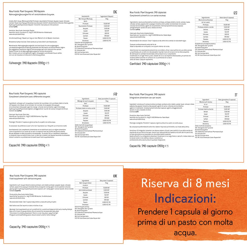 Now Foods, Plant Enzymes (enzimi vegetali), miscela di enzimi, 240 capsule Vegane, Testato in Laboratorio, Senza Glutine, Senza Soia, Vegetariano
