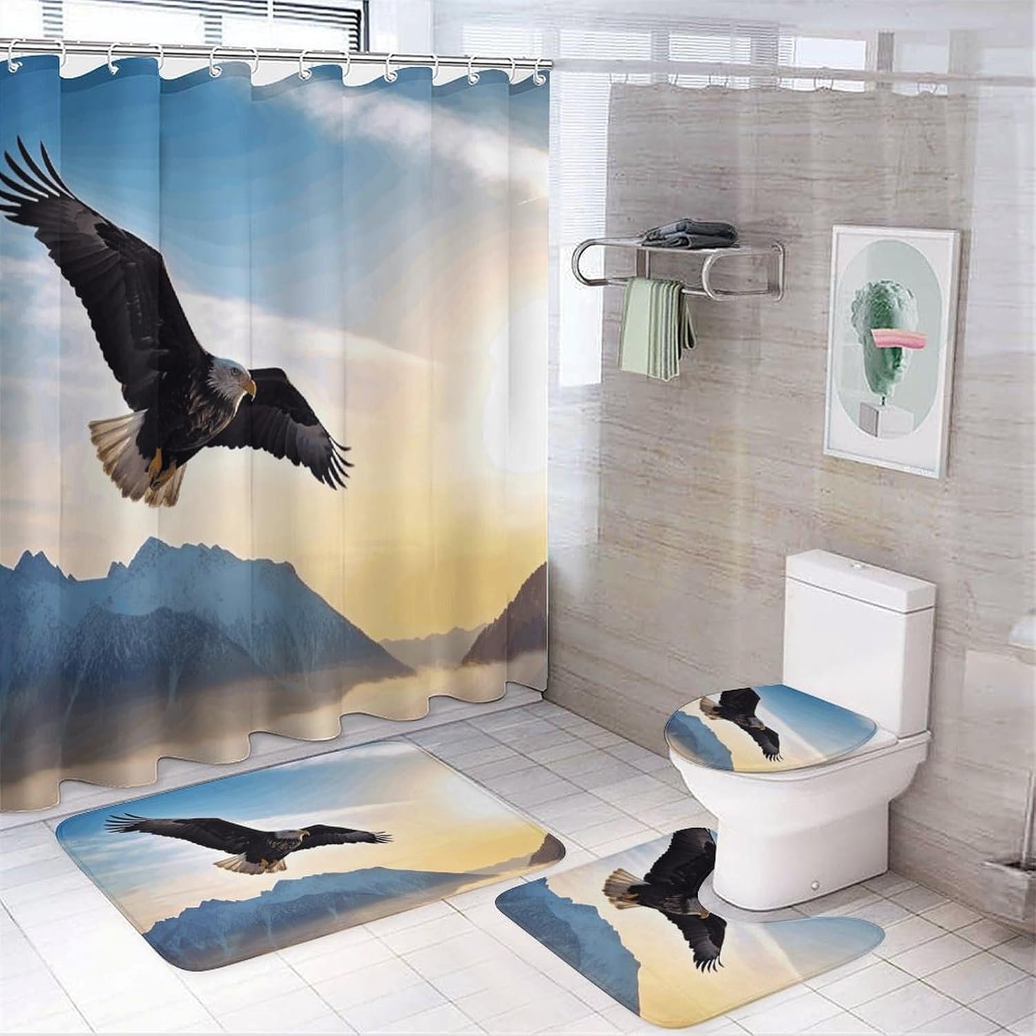 Eagle Mountains 4Pcs Shower Curtain Set with Non-Slip Rugs, Toilet Lid Cover and Bath Mat,Bathroom Set Decor Accessories,Curtain Set with 12 Hooks, 72 X 72 Inch