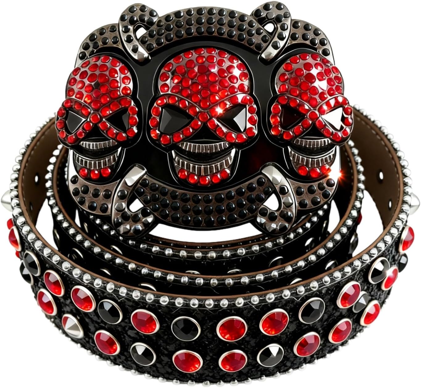 Punk Skull Belt Set for Men & Women - Rhinestone Studded Gothic Belts with Triple Rolling Buckles
