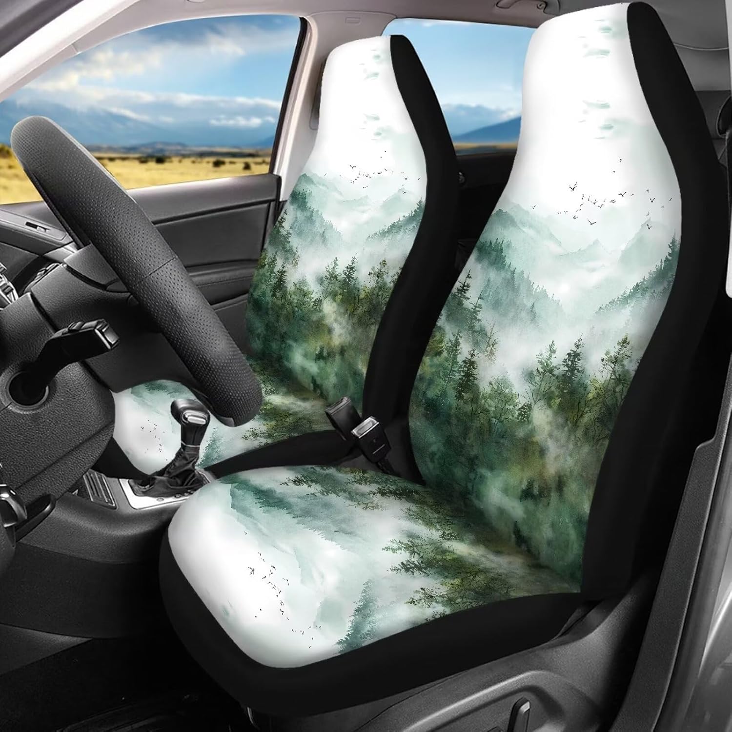 Vintage Forest Print Car Seat Covers Full Set, 4 Pack Front and Rear Seat Cover High Back Stretchy Bucket Seat Covers Universal Fit Car Sedan SUVs Truck