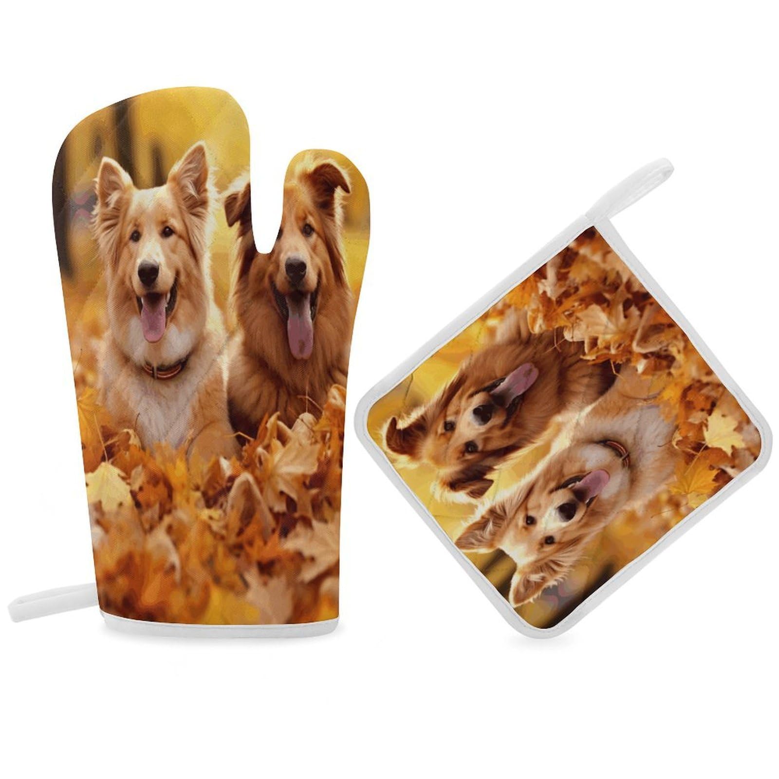 Fodpand Women's Style Fall Background With Dogs Oven Mitts And Pot Holders Sets,Oven Gloves For Kitchen Oven Mitts And Potholders For Baking Cooking Grilling Apartment Essentials
