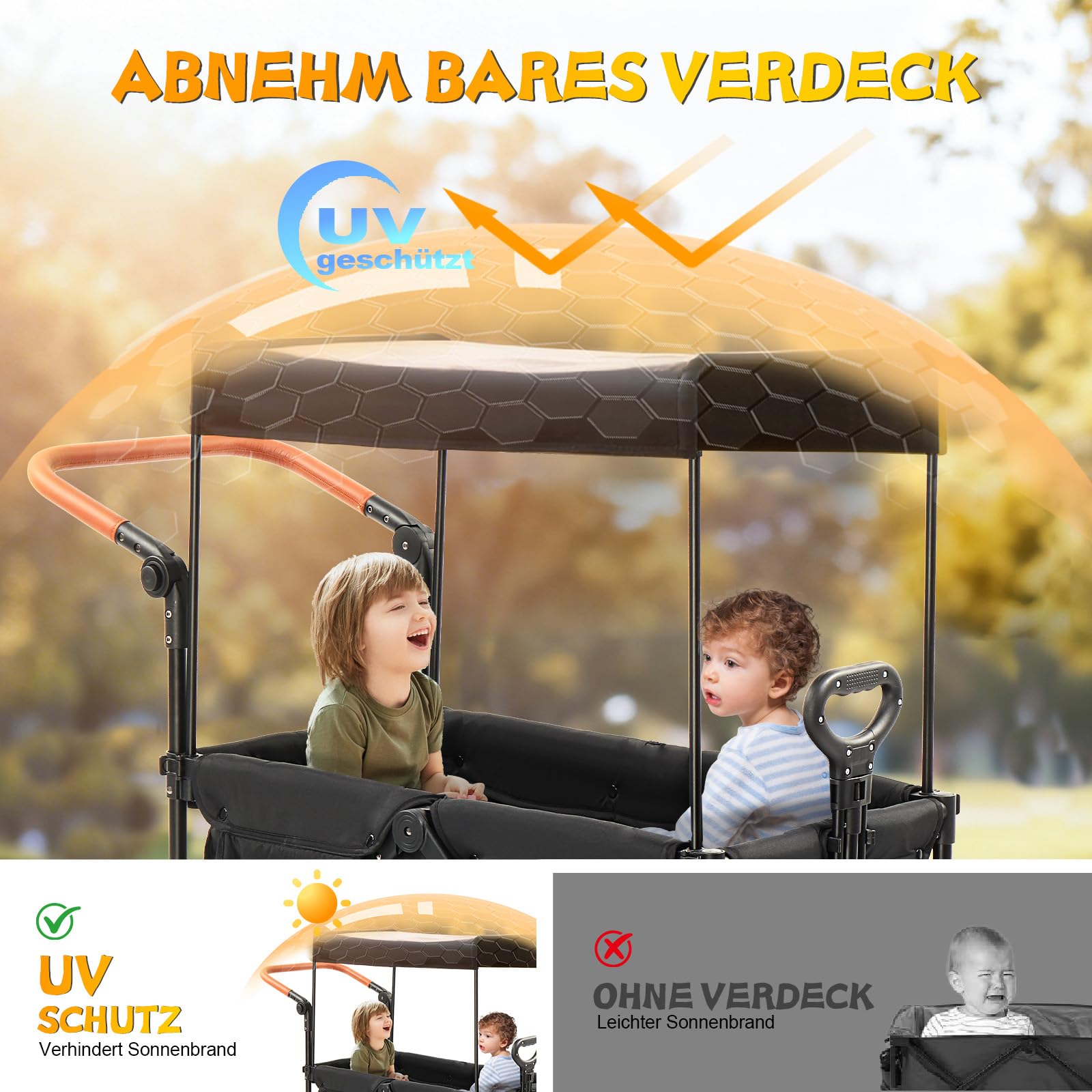 Bonnlo Bollerwagen Faltbar Kinder mit Dach, Doppel-Kinderwagen 121x53x110,5 cm, All-Terrain-Räder, 360° Vorderräder mit Federung, Fußbremse, 5-Punkt-Gurt, abnehmbares Sonnendach UV-Schutz, Schwarz