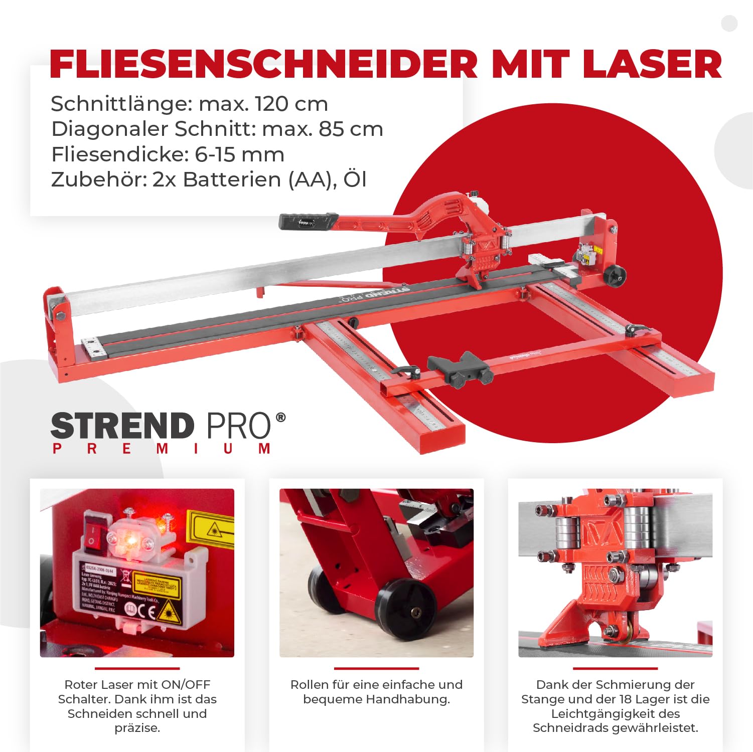 STREND PRO Fliesenschneider 1200mm mit LASER | Fliesen werkzeug PROFI mit TITANIUM schneidrad | 2x Verlängerungsarme, IDEAL für GROSSFORMATFLIESEN | Porzellan, Keramik, Marmor, Glasur, Fliesen
