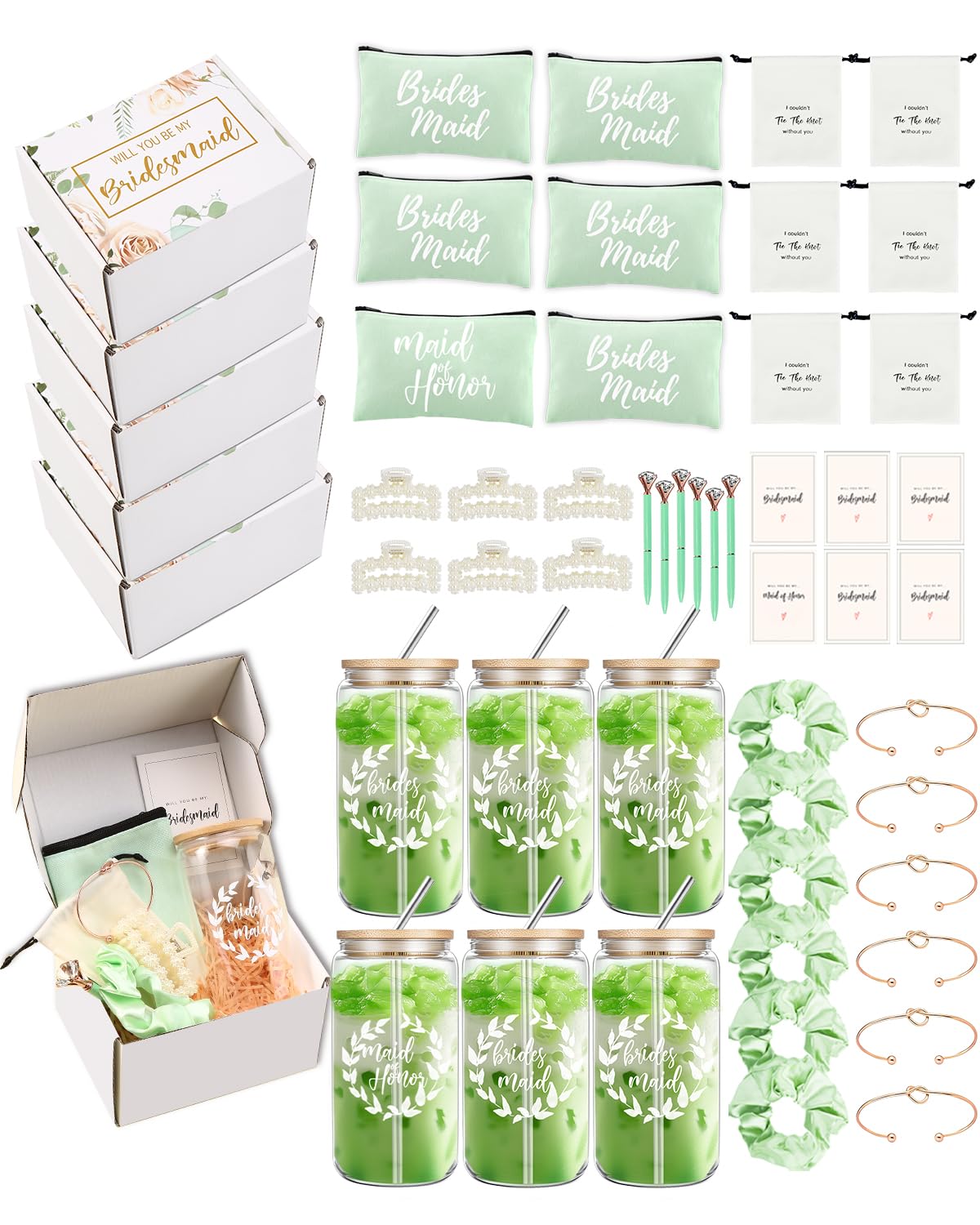Set da 48 pezzi per proposta di damigella d'onore, set regalo per addio al nubilato, include tazze da caffè ghiaccio da 473 ml, sacchetti per il trucco, regalo Will You Be My Bridesmaid of Honor
