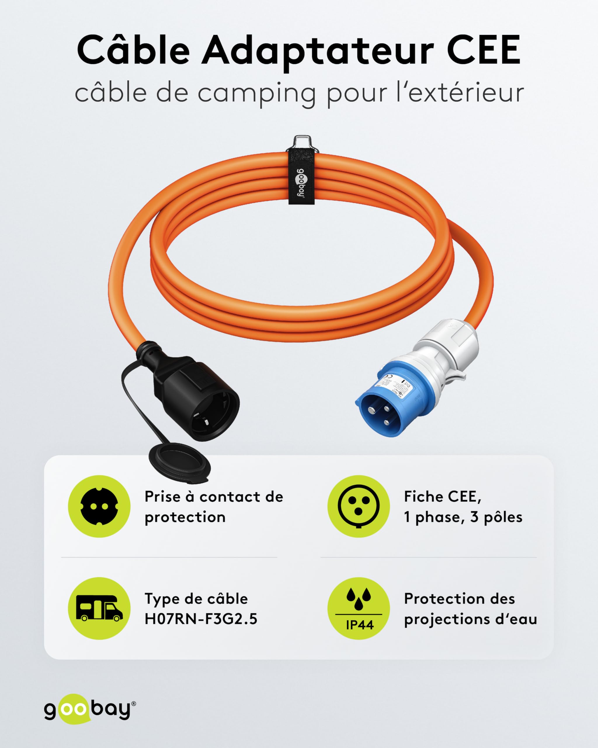goobay Câble Adaptateur CEE pour Caravane, 5 m, Prise CEE vers Prise avec Contact de Protection, Utilisation en extérieur avec IP44, 76224