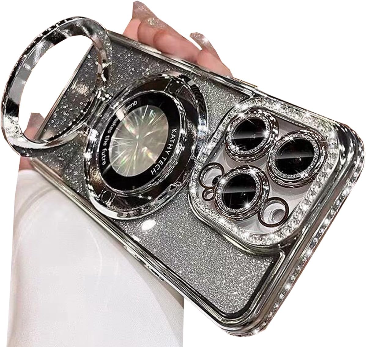 Magnetic Kickstand Glitter Case for iPhone 13 Pro Max, [Compatible with Magsafe] Luxury Bling Sparkly Diamond Rhinestones with Camera Protector Women Girls Case for iPhone 13 Pro Max (Silver) - Image 7