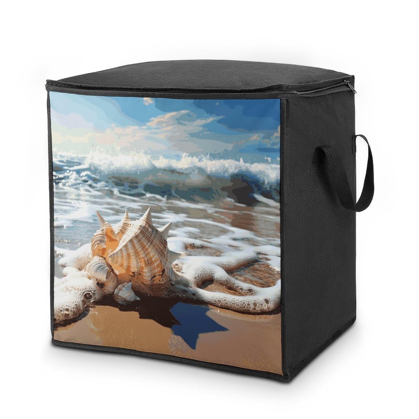 70L Ocean Sea Wave Seashell Storage Bag With Zipper Closet Organizers with Handle for Home Storage Organizer for Blankets Quilts Clothes Comforter Bedding And Pillows