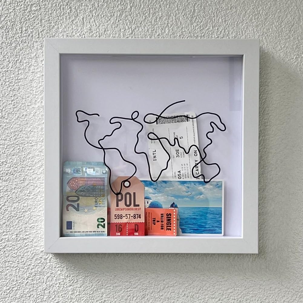 2024 Adventure Archive Box Wooden Ticket Holder Shadow Box Top Loading Display Case Frame with Slot on Top, Trave Map World Memento Frame for Plane Train Concert Tickets (12x12)