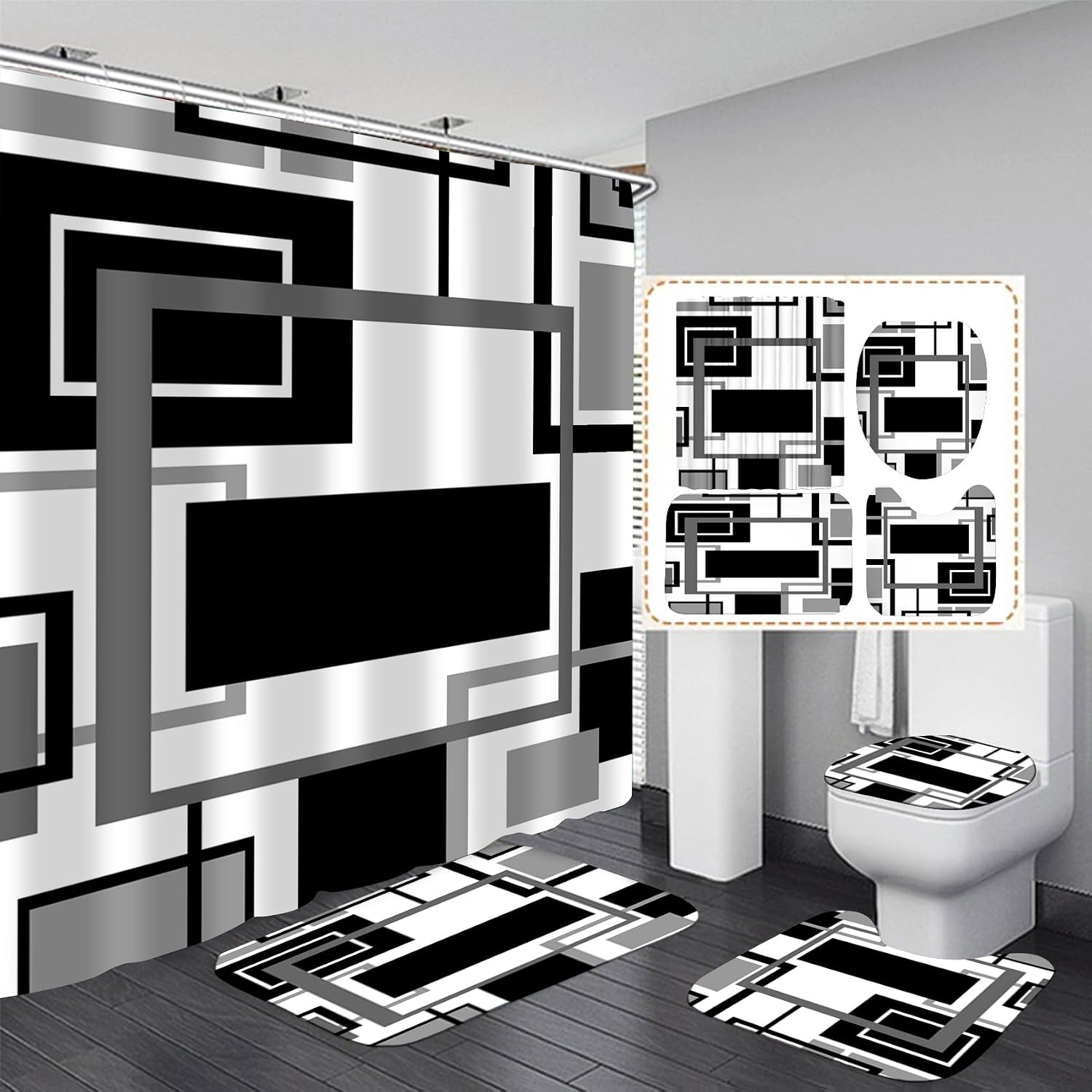 Yddsky 4 Pcs Black Geometric Shower Curtain Sets Non-Slip Rugs Bath Mat, Toilet Cover, U-Shaped Mat, Abstract Geometric Modern Shower Curtain with 12 Hooks, Black and White Bathroom Set
