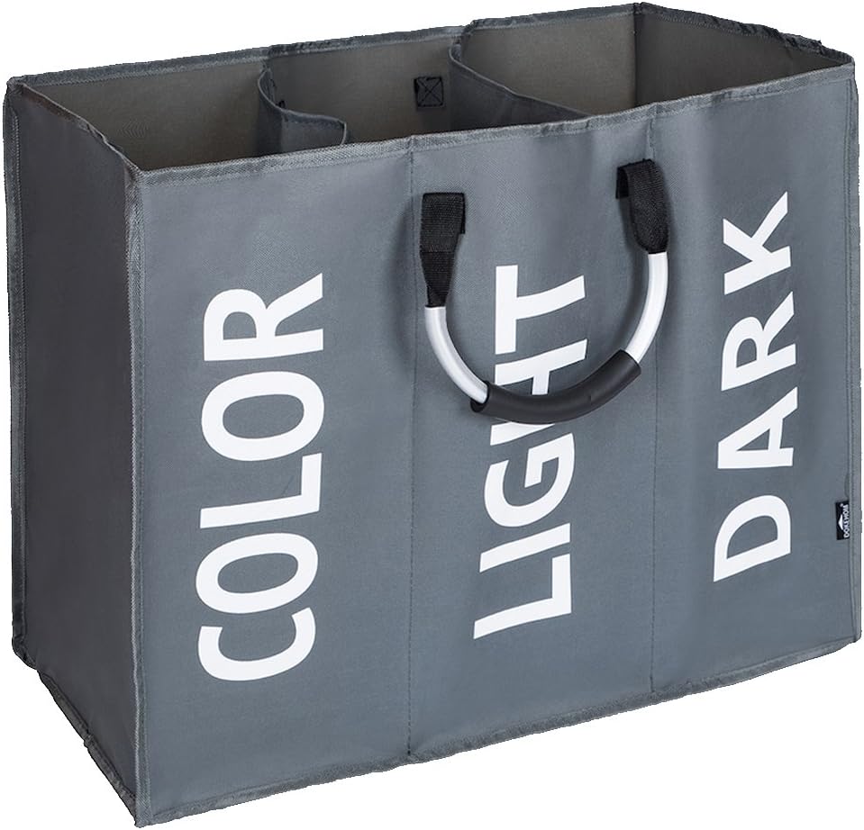 DOKEHOM Large Collapsible Washing Laundry Basket Bag with 3 Sections for Bedroom, Fabric (Dark Grey)