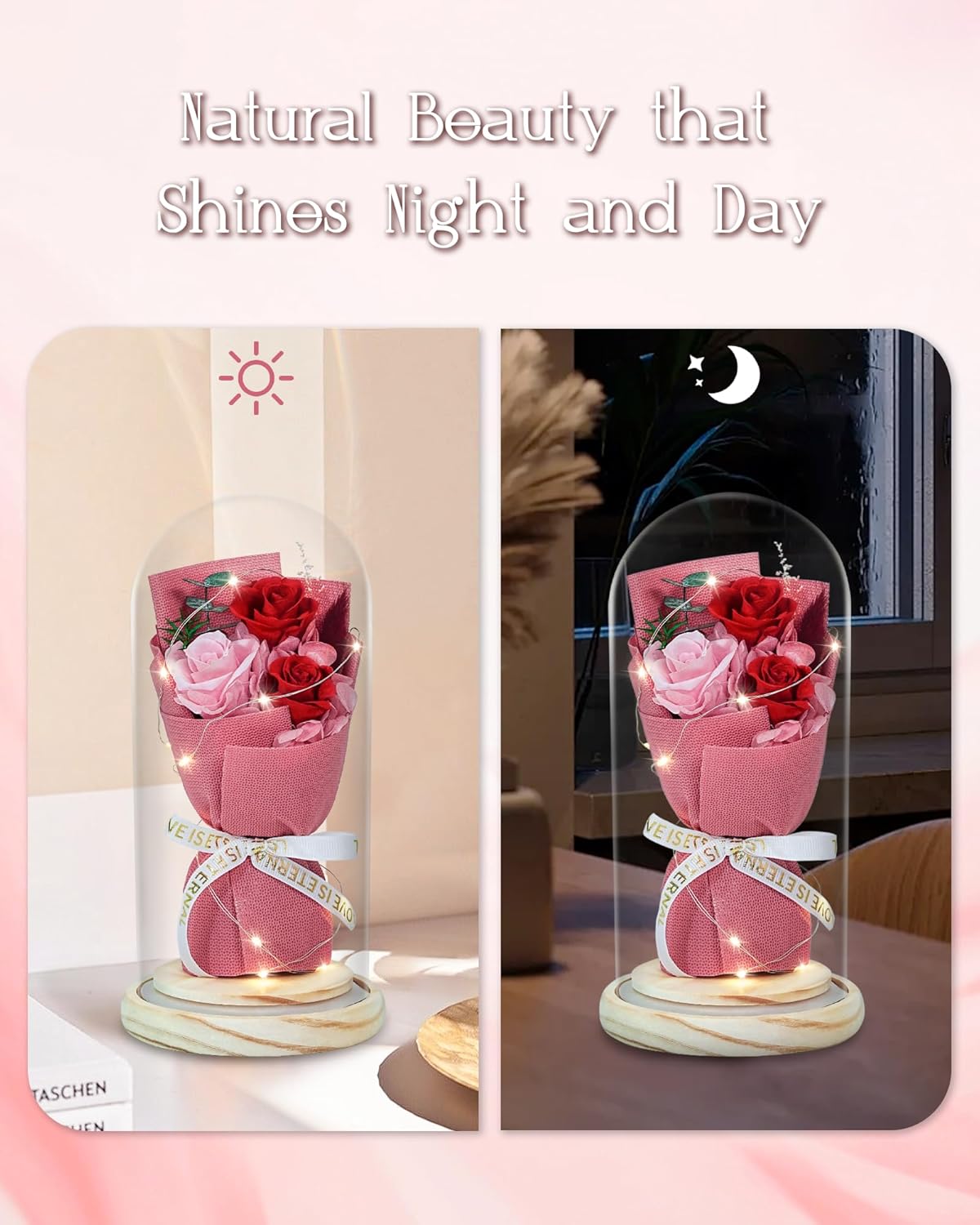 HVY Preserved Flowers Bouquet with Red and Pink Roses in Glass Dome, Perfect for Valentines Day, Anniversary, Birthday, Mothers Day or Christmas - Image 5