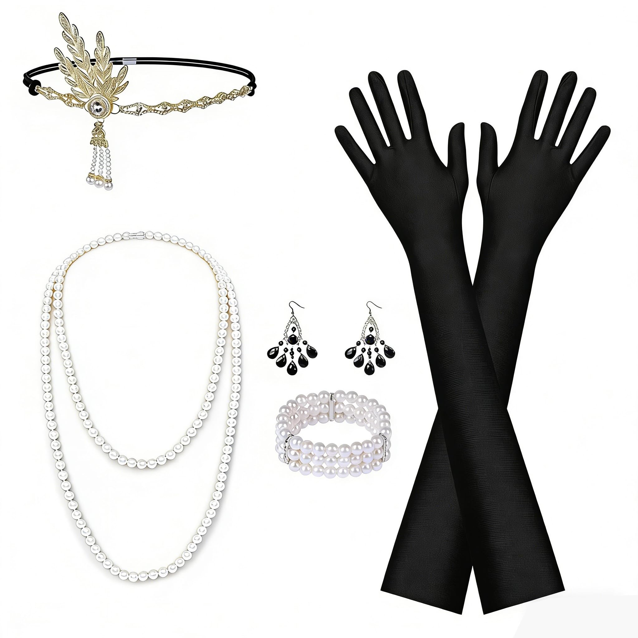 AOMIG 1920 Accessoireset, 6 Stuks Great Gatsby-accessoires Voor Dames, Vintage Kostuum met Hoofdband, Parelketting, Oorbellen, Armband, Lange Handschoenen, Kostuumaccessoires uit de Jaren 20 Voor
