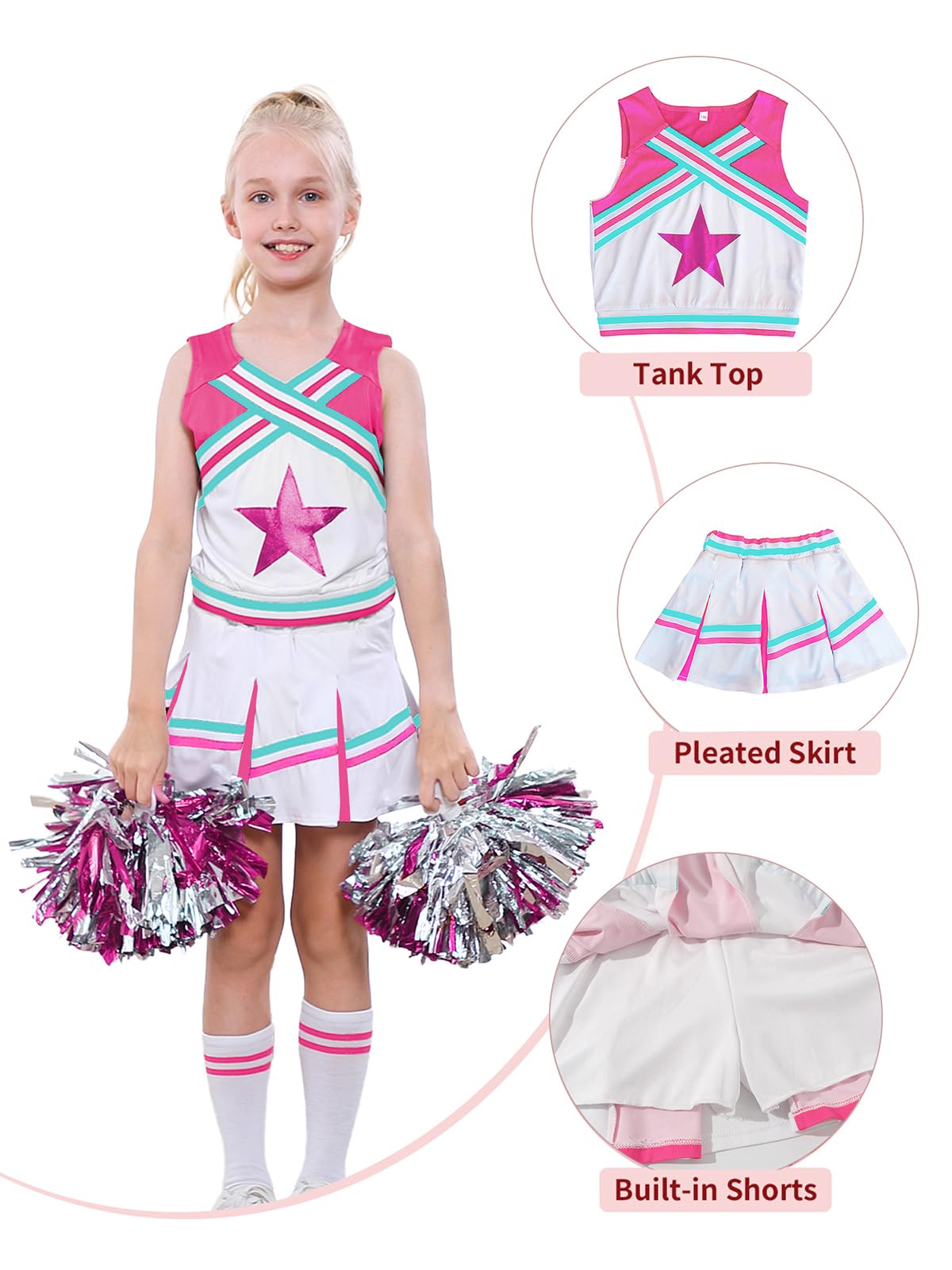 LOLANTA Costume da Ragazza Cheerleader, Carnevale o Evento Sportivo Fancy Dress Up con l'abito di Pom Poms, 4-13 Anni