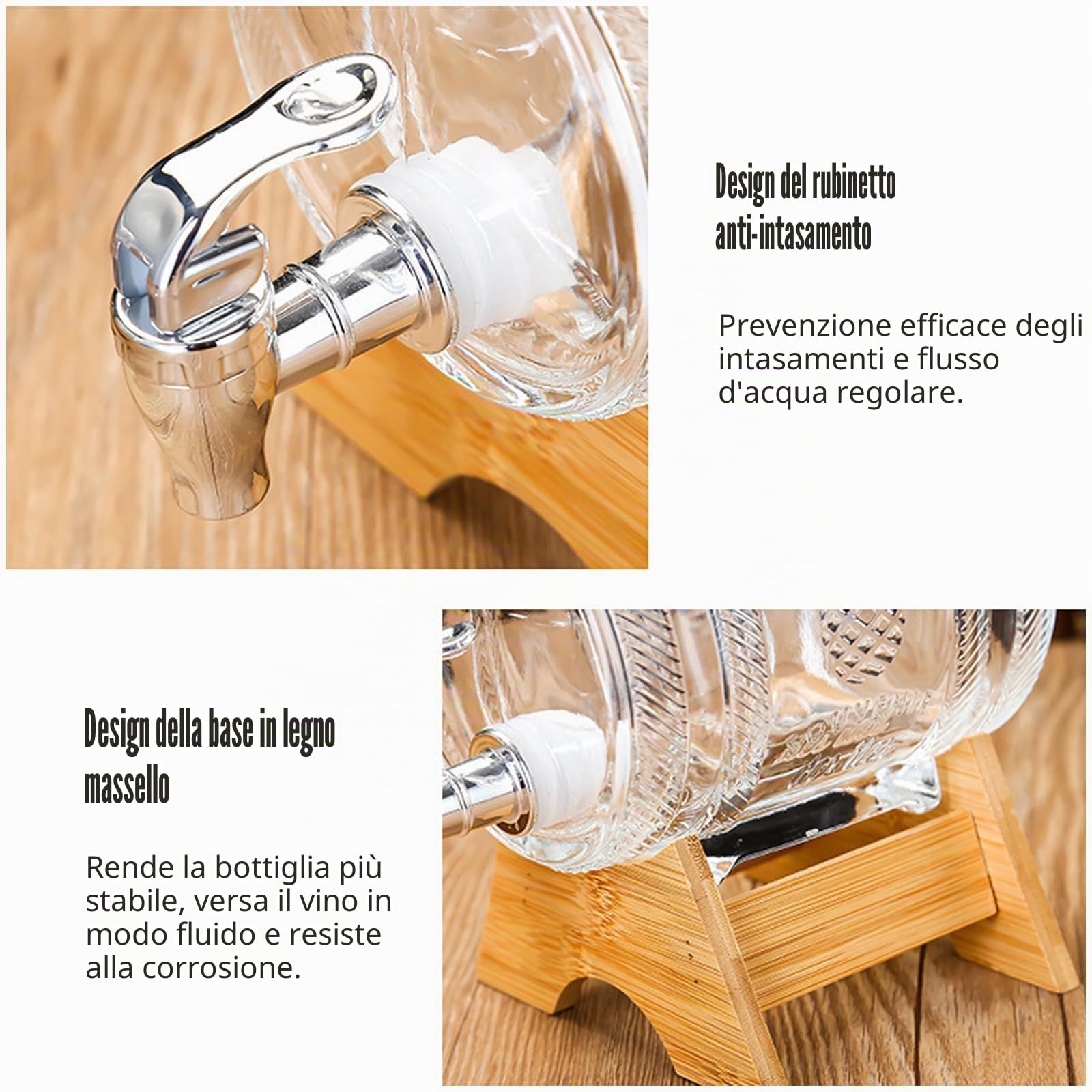 Barilotto con rubinetto, dispenser per bevande in vetro a forma di barilotto con rubinetto e supporto in legno, 1/3 litri, contenitore in vetro con supporto, per vino, whisky, brandy, succhi di