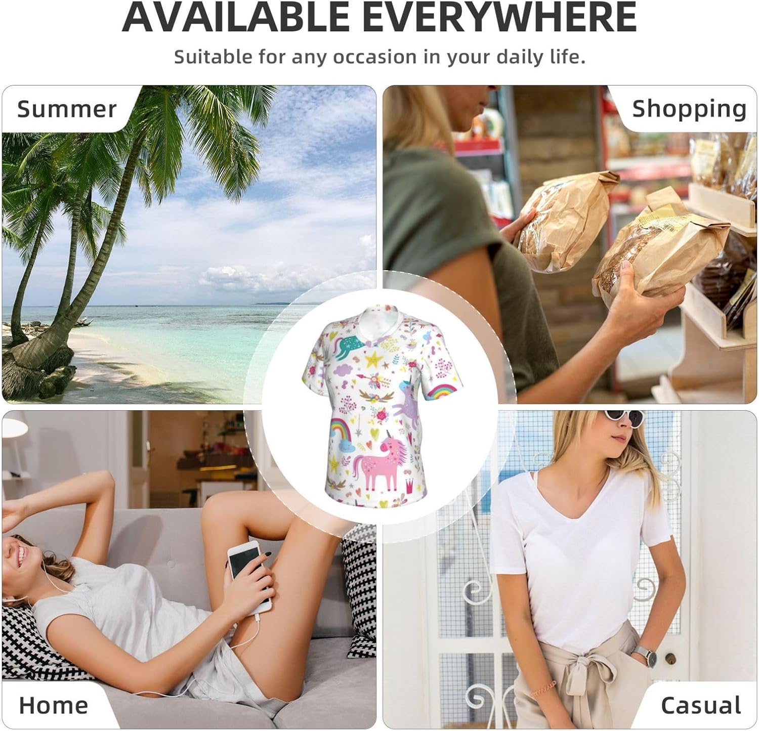 Women Casual Unicorns Pink Print V-Neck T-Shirt Short Sleeve Summer Trendy Tops.