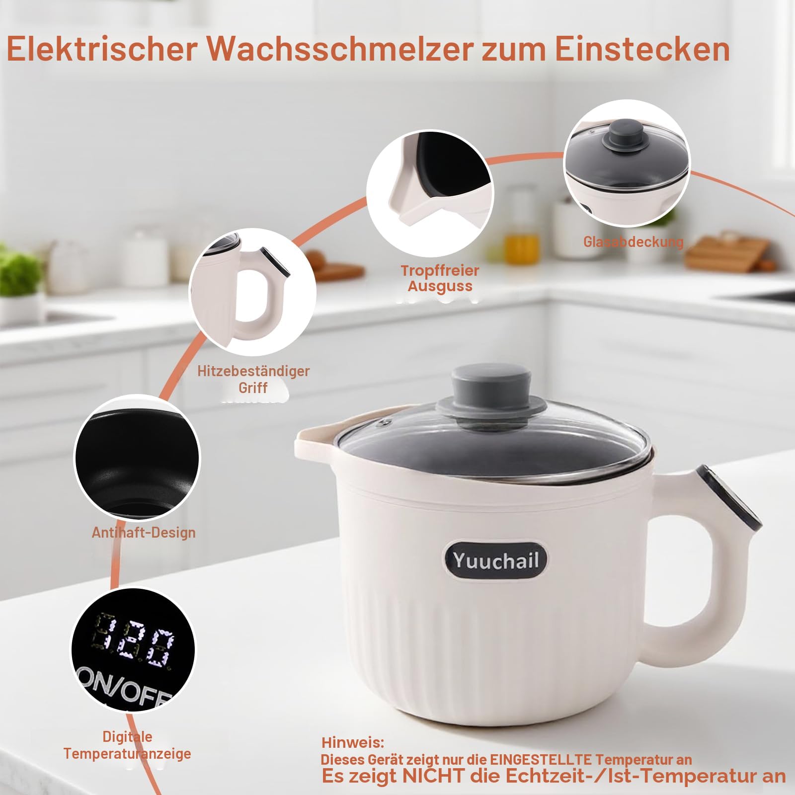 Yuuchail Touchscreen-Wachsschmelztopf, 1,5 l elektrischer Wachsschmelzer für die Kerzenherstellung mit digitaler Temperaturregelung, Antihaftbeschichtung und Ausgießer für die Seifenherstellung