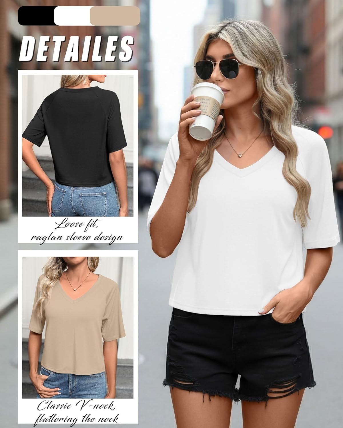 3 Pack Women's Cropped Tops V Neck Half Sleeve Crop T-Shirts Raglan Sleeve Loose Fit Casual Summer Basic Tees
