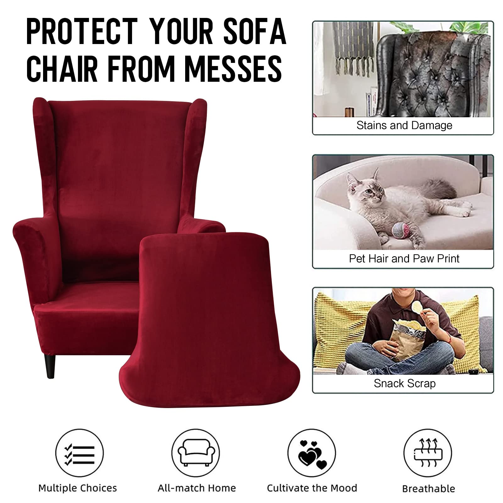 Ohrensessel Überzug, 2-Teiliges Set Stretch Ohrensessel Kissen Sofa Schonbezüge, Samt Sessel-Überwürfe Flügel zurück Sesselbezüge Möbelschutz für Wohnzimmer Schlafzimmer Hotel