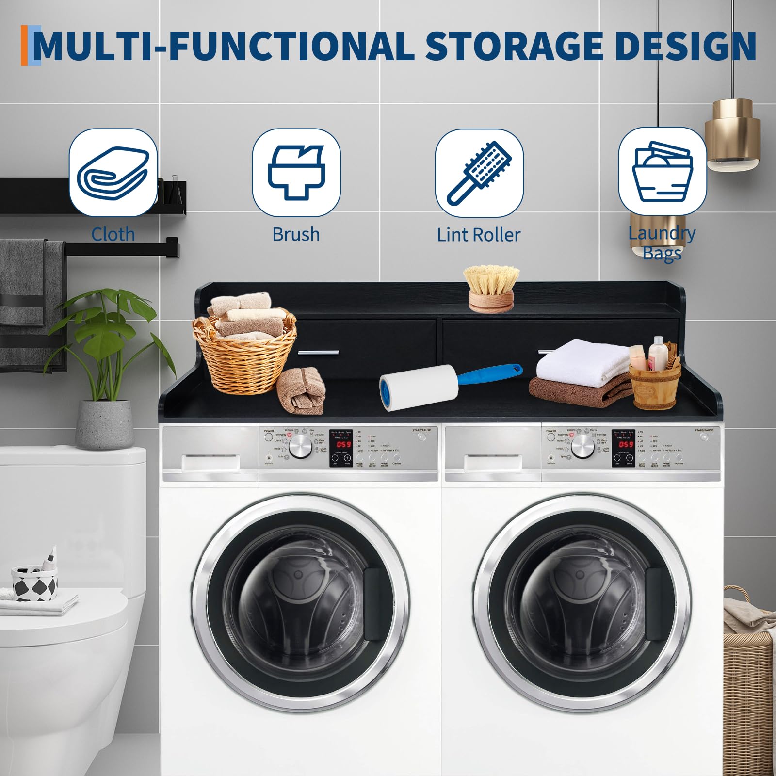 IDEALHOUSE 2-stufige Waschmaschinen-/Trockner-Arbeitsplatte mit 2 Schubladen – wasserfeste Holzablage, 54" x 27,55" x 11,81", Kantenschutz, rutschfeste Pads – Wäsche-Faltstation & Stauraum