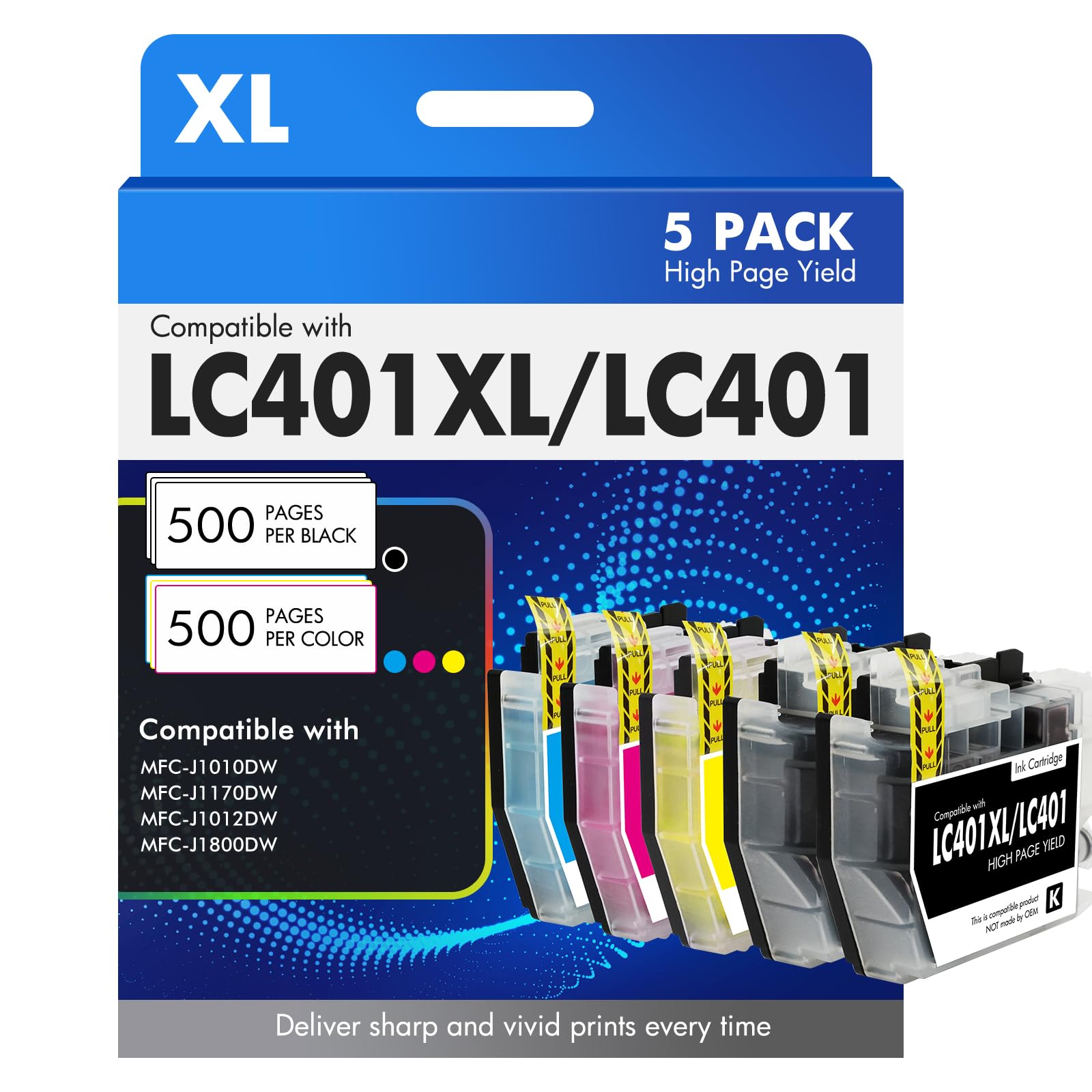 LC401XL LC401 MFC-J1010DW Ink Cartridges for Brother Printer LC 401 401XL for MFC-J1010DW MFC-J1170DW MFC-J1012DW MFC-J1800DW MFC J1010DW - 5 Pack High Yields Black Cyan Magenta Yellow