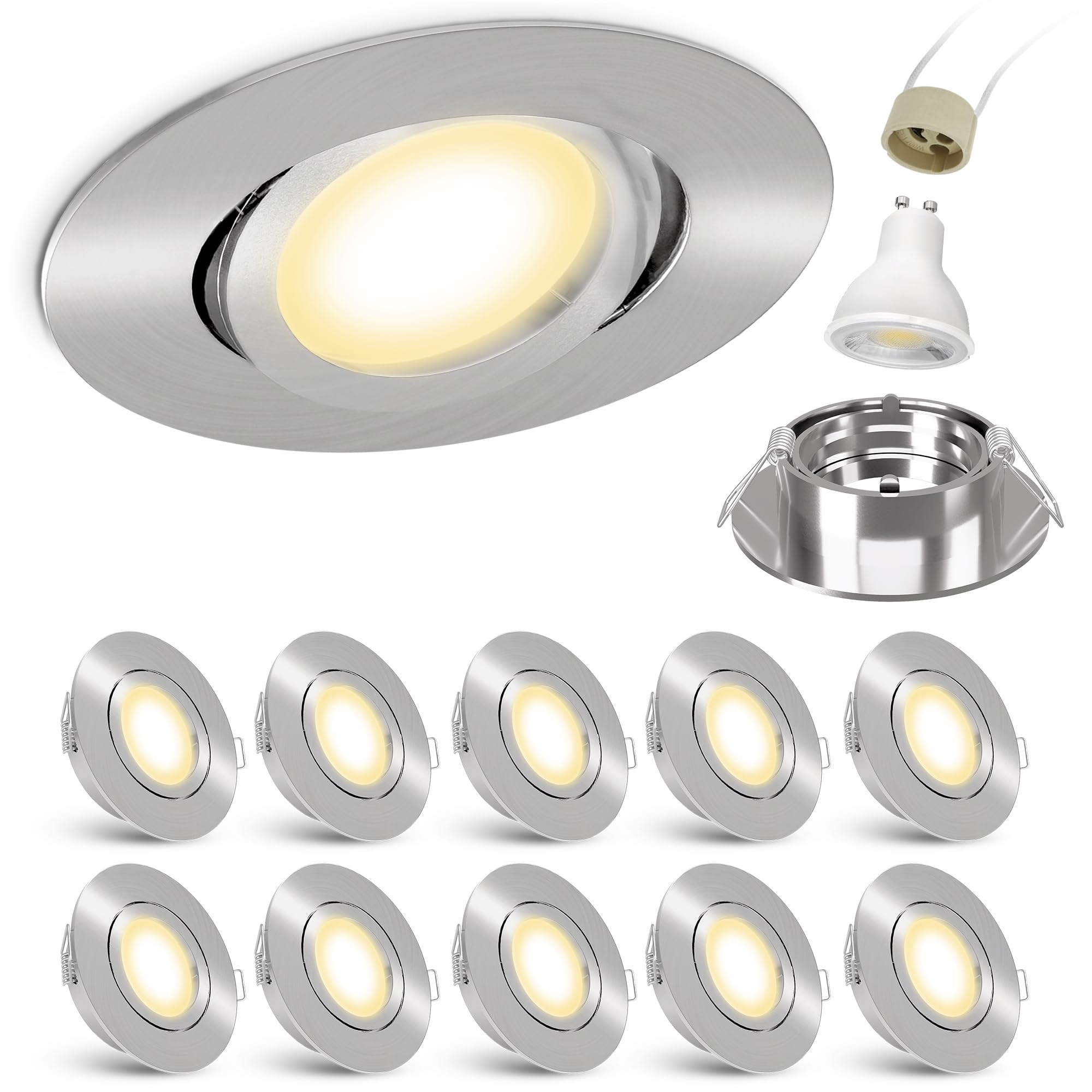 linovum 10x LED Decken Einbauleuchte rund schwenkbar Edelstahl Optik - inkl. 2W LED GU10 warmweiß - Einbaustrahler inkl. GU10 Fassung