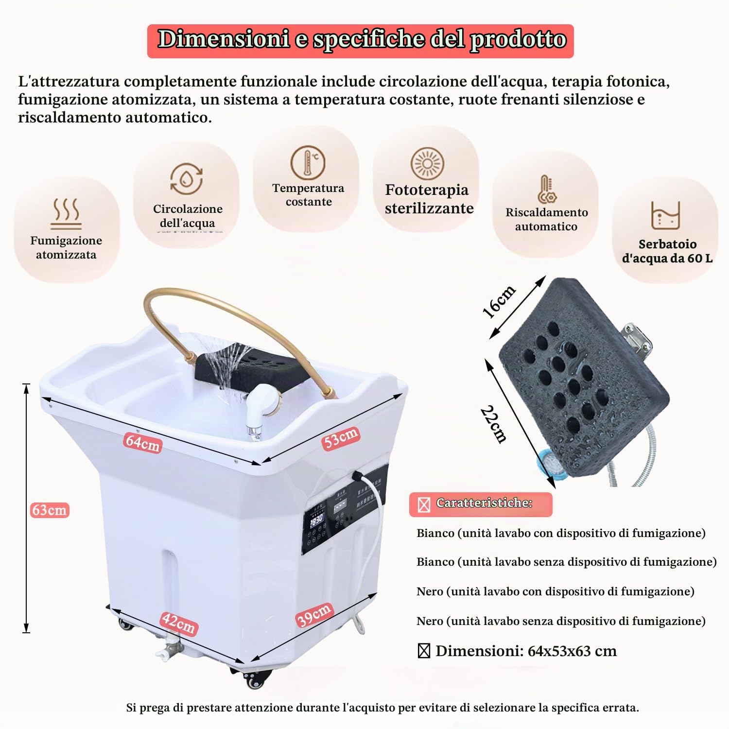 Lavatesta Portatile per Parrucchieri, Lavatesta per Disabili con Serbatoio 60L, Lavateste Portatili Casa, Dotato Inalatore Vapore e Copertura Vapore, Adatto Spa Saloni Parrucchiere, Bianco