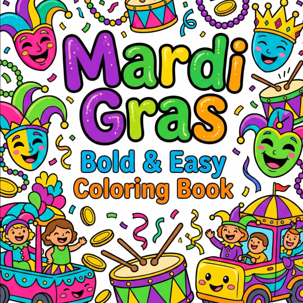Mardi Gras Bold & Easy Coloring Book: Fun & Simple Carnival Coloring Pages for Kids | Big Shapes, Thick Lines & Festive New Orleans Fun