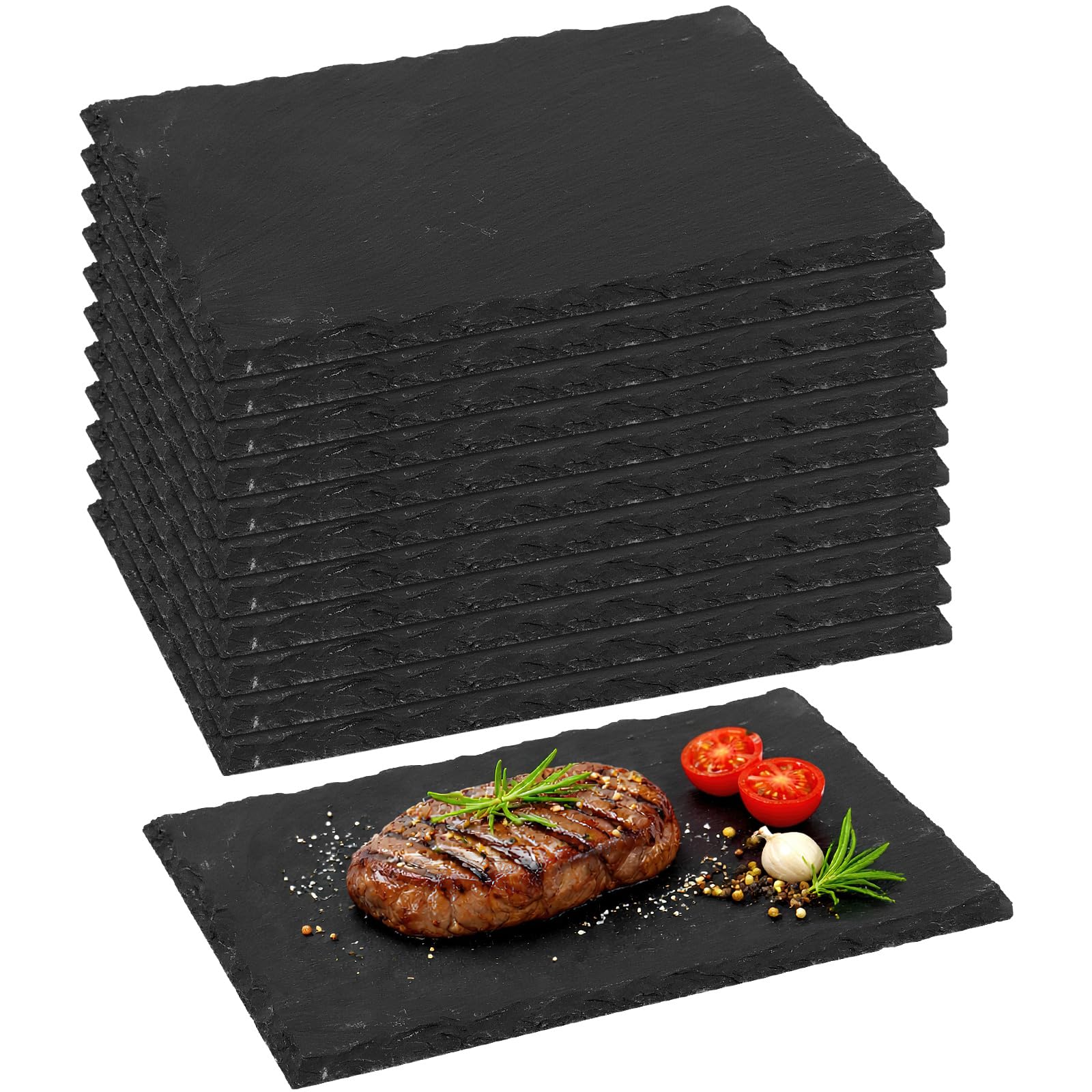 MSYU Paquete de 12 tablas de queso de pizarra negra de 23 x 15 cm, bandeja de pizarra para servir, platos de pizarra para alimentos, sushi, filetes y embutidos