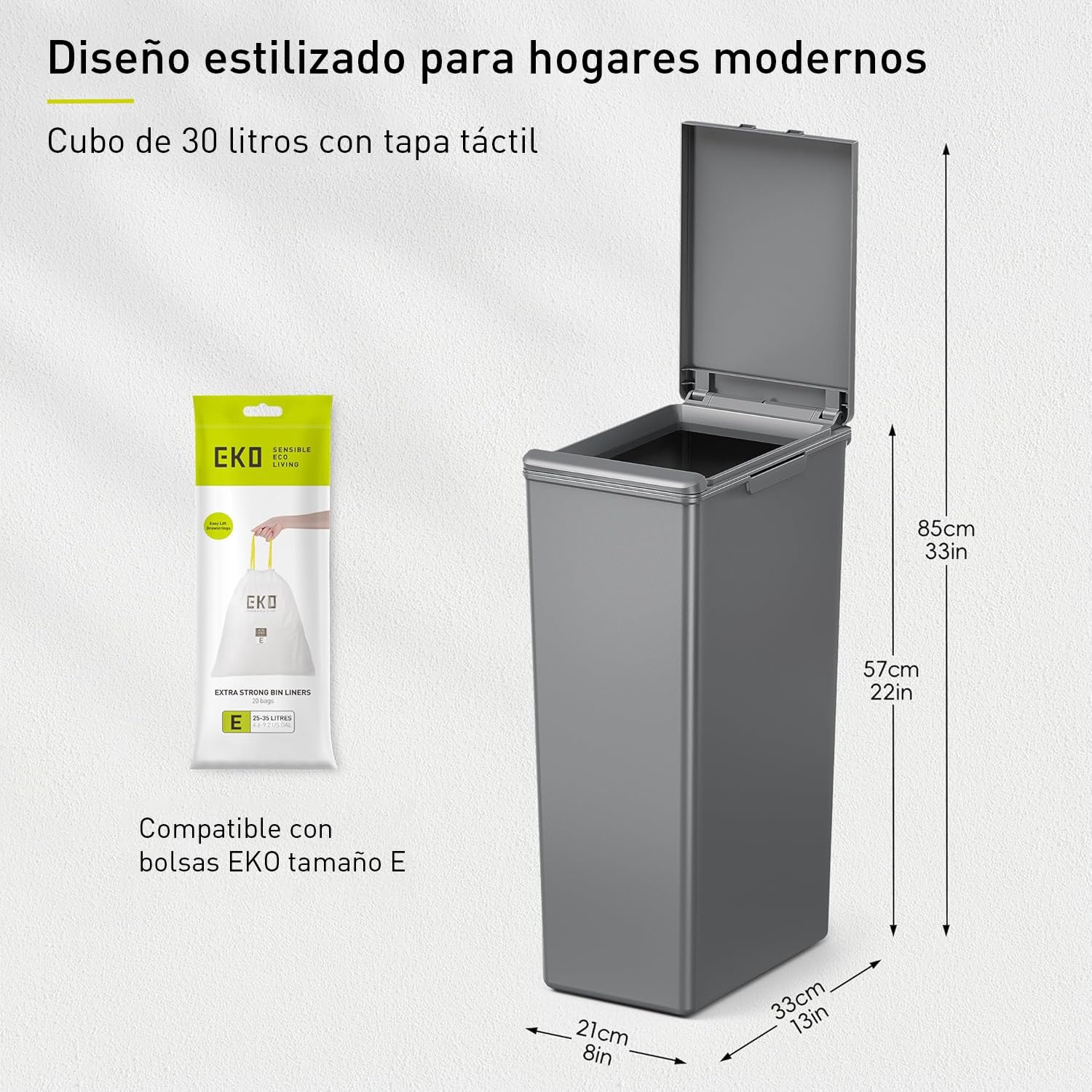 EKO - Cubo de Basura Cocina Morandi - 30 L - Apertura Táctil con Tapa - Borde Interior Extraíble y Sistema Modular para Reciclaje - Gris Oscuro