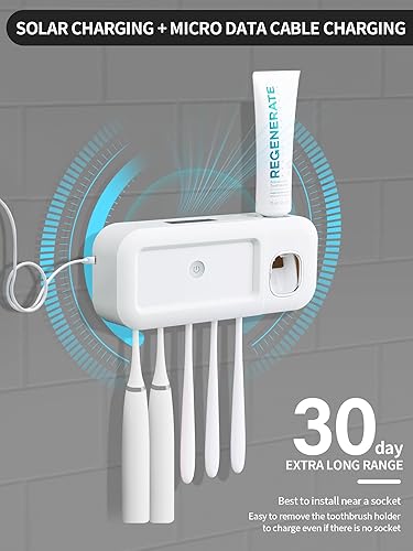 Miniatura 5 de OVAS HOO Soporte para cepillos de dientes montado en la pared, kit de exprimidor automático de pasta de dientes, carga solar, 5 ranuras para