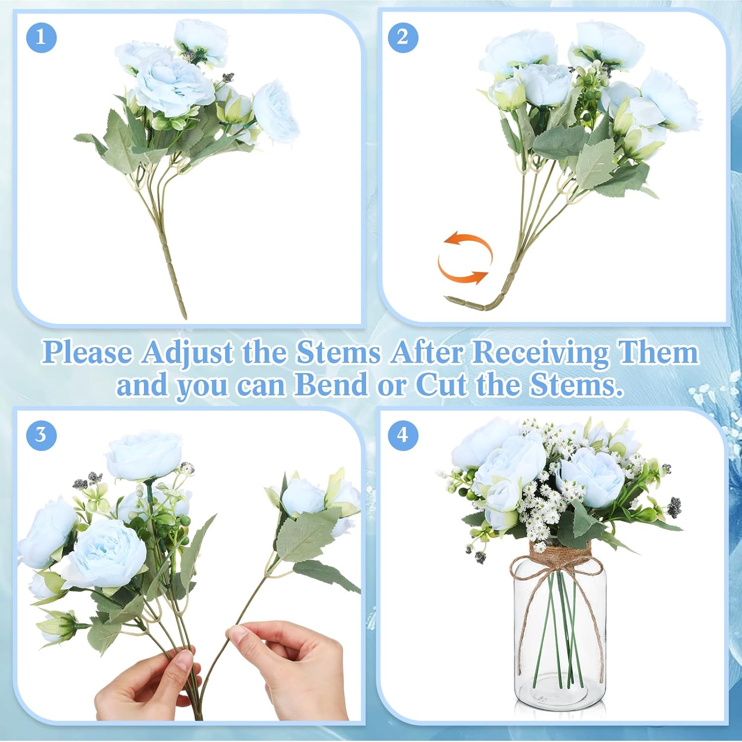 Zeyune 6 Sets Mason Jar Table Centerpiece with Artificial Peony Baby's Breath Flower Centerpieces Faux Flowers with Rope for Wedding Reception Engagement Bridal Shower Rustic Table Decor(Blue)
