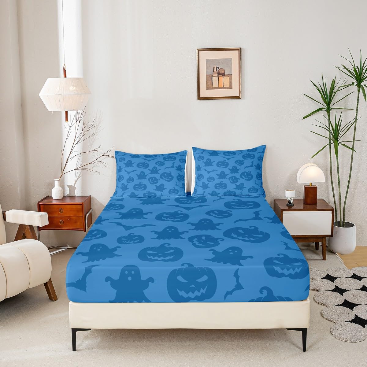 Blue Horror Pumpkin Fitted Sheet Queen Size 3 Pcs,Cute Cartoon Ghost Decor Bedding Set for Kids Teens Adults,Happy Halloween Theme Hippie Graffiti Bed Sheet with 2 Pillowcases(No Top Sheet)