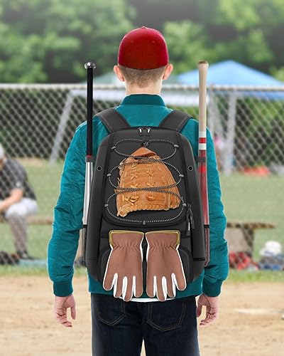 Miniatura 7 de BROTOU Bolsa de béisbol, bolsa de softbol para equipo de béisbol y bate de T-Ball, mochila de béisbol con compartimento para zapatos para