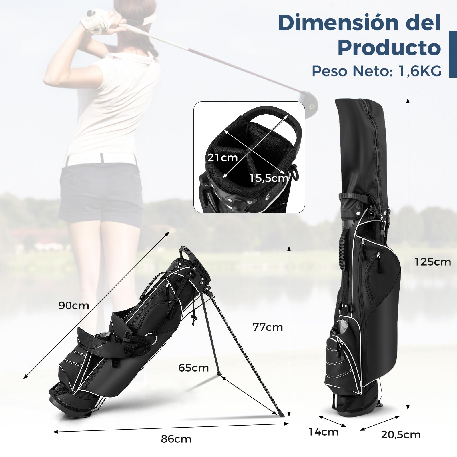COSTWAY Bolsa de Golf con Soporte, 4 Divisores Superiores, 4 Bolsillos con Cremallera, Correa Doble para el Hombro, Bolsa de Golf Portátil, Unisex Adulto