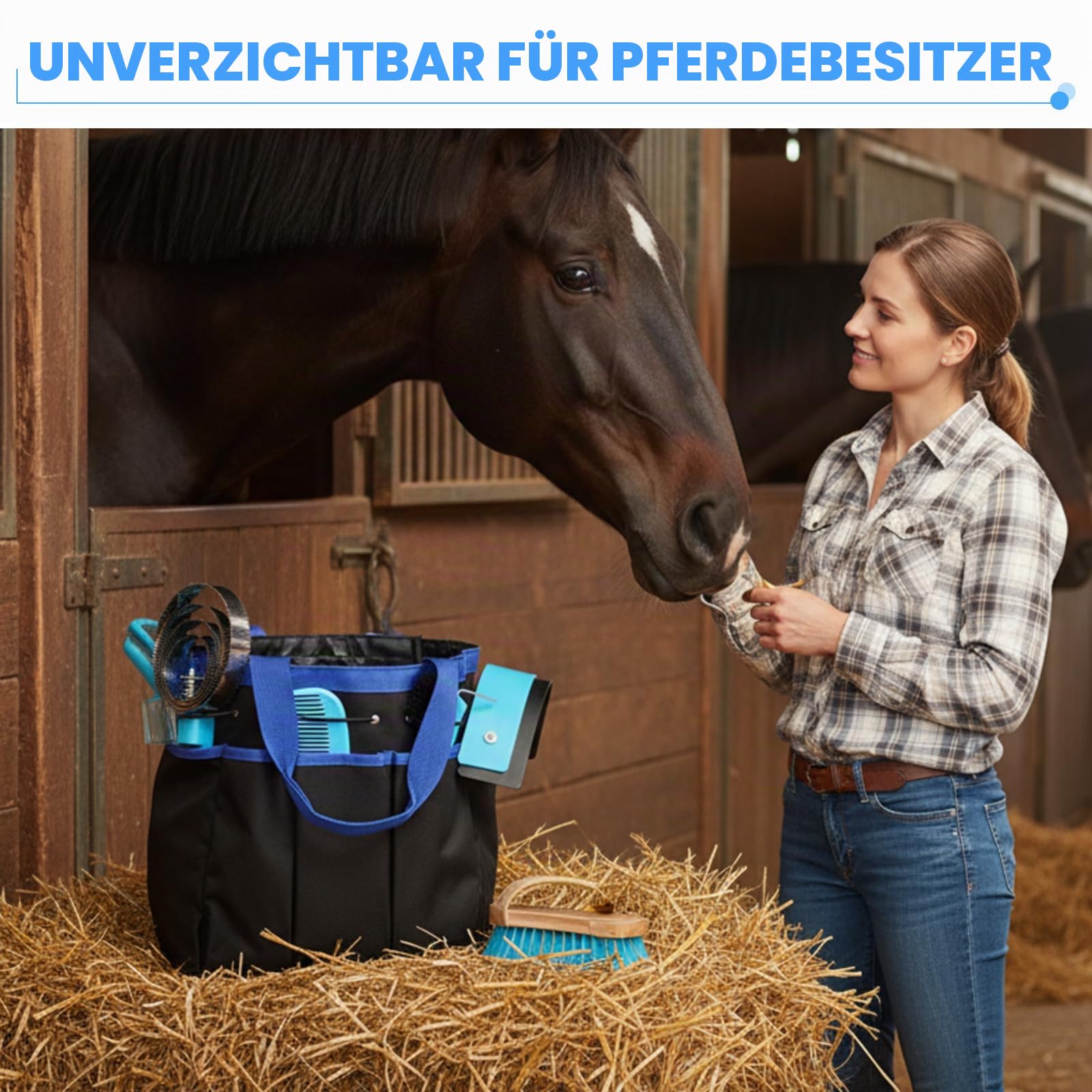 Abbylike Pferdepflegeset mit Organizer, Tragetasche, Putzzubehör, Pferdebürsten-Set, Pferdepflege, Reinigungsset, Fellpflege, Massagewerkzeuge (blau), 12-teilig