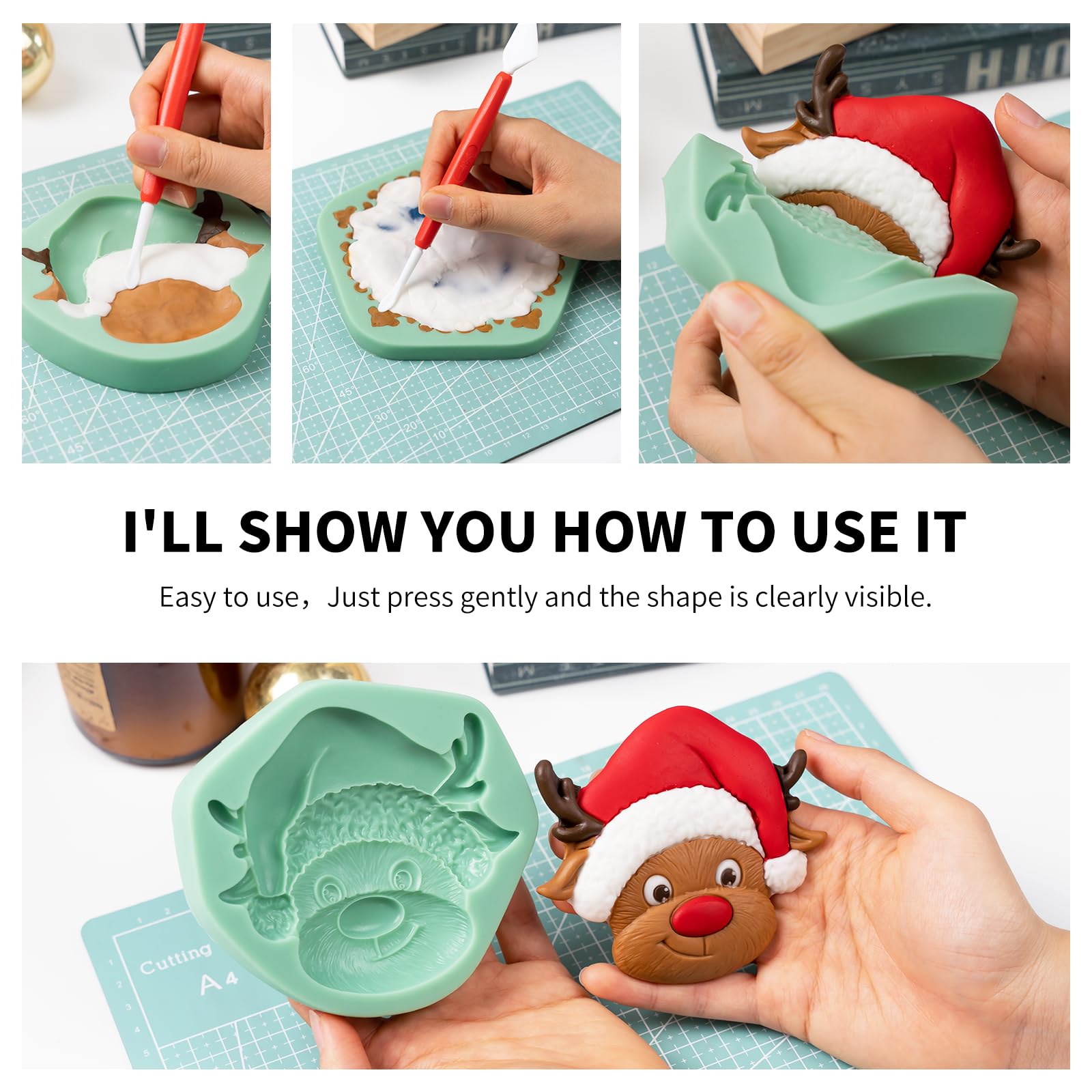 KALAIEN Juego de moldes de fondant de Navidad, reno de Navidad, molde de caramelo de chocolate, hojas de acebo, molde de azúcar para hornear decoraciones de pasteles, 7 juegos