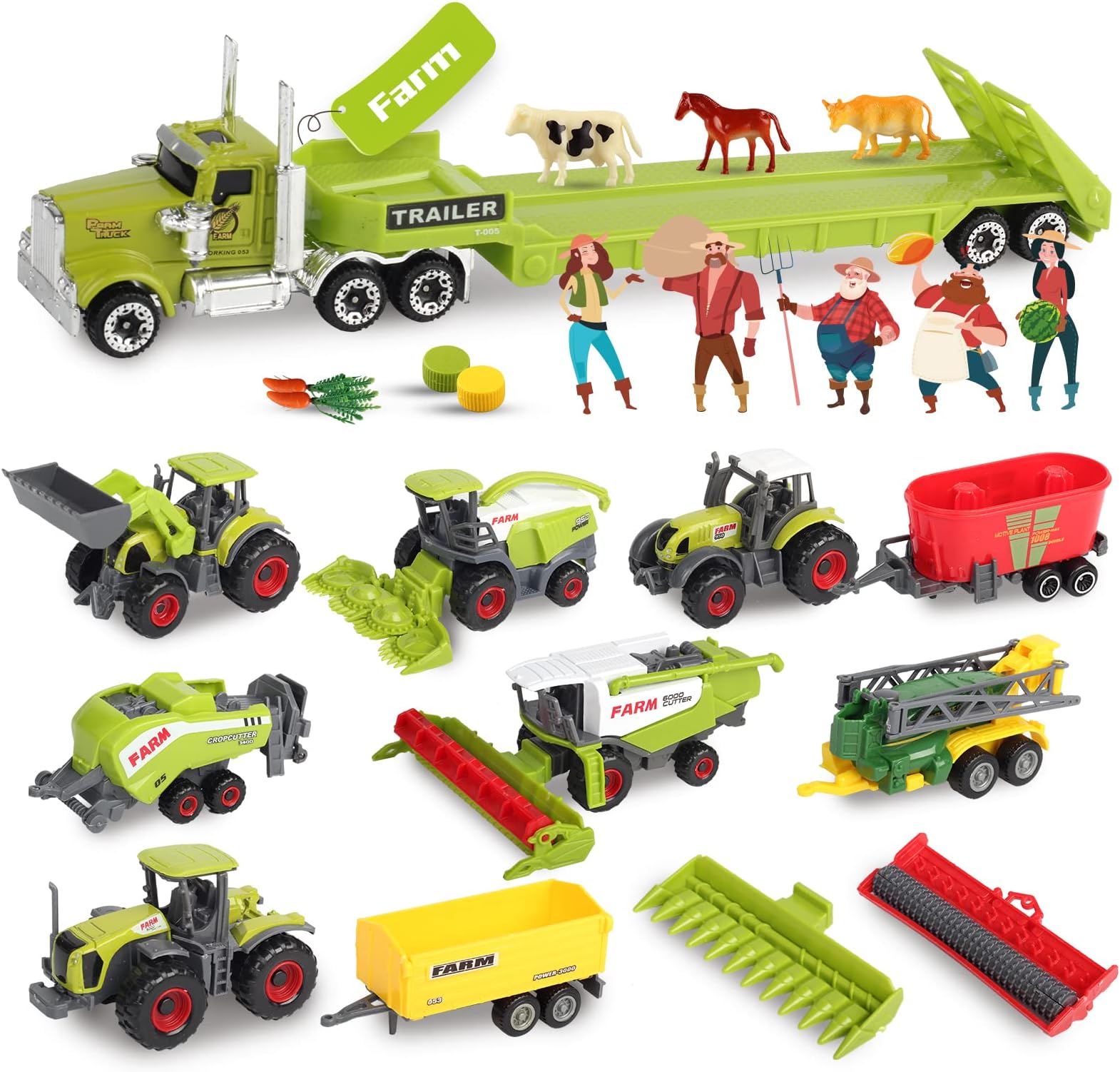 Kids Farm Toys Realistic Tractor Vehicle Playset, Diecast Car Set Educational Mini Farm Animals with Flatbed Trailer, Birthday Gift for Children 3 Year Old