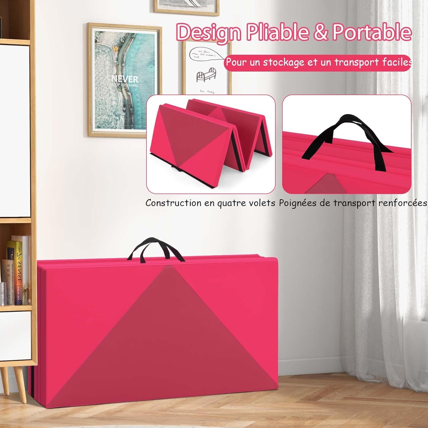 GOPLUS Colchoneta de Gimnasia Plegable, 240x117x5cm, Esterilla de Entrenamiento de Cuero Artificial con Asas de Transporte, Alfombra de Suelo para Fitness Yoga (Rosa + Melocotón)