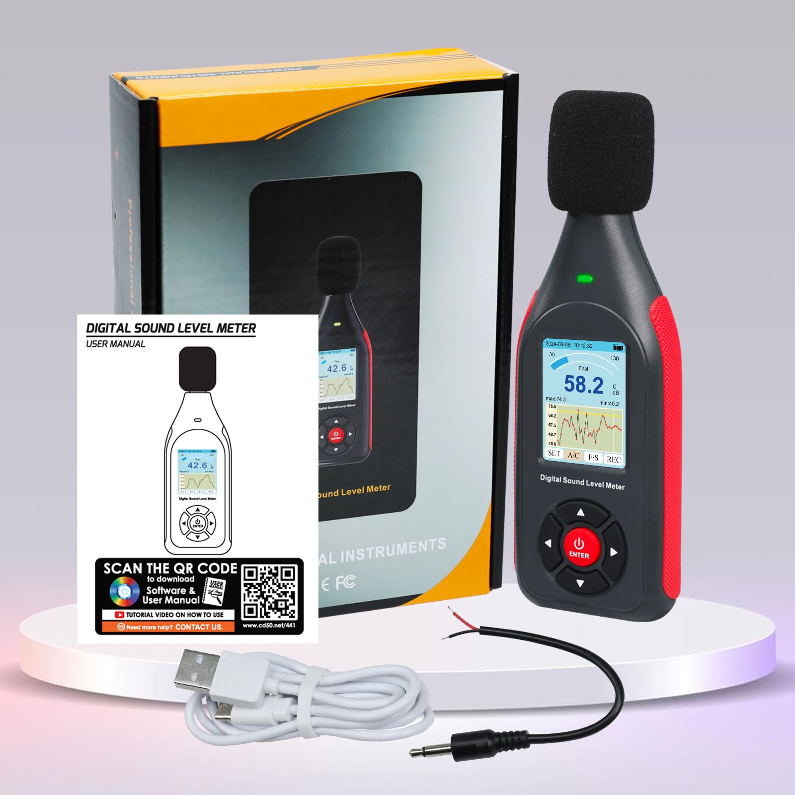 Medidor de decibelios, registrador de datos, decibelios de sonido digital, medidor de nivel de ruido con 43.000 conjuntos de datos y exportación, sonómetro recargable con frecuencia A/C y salida CC