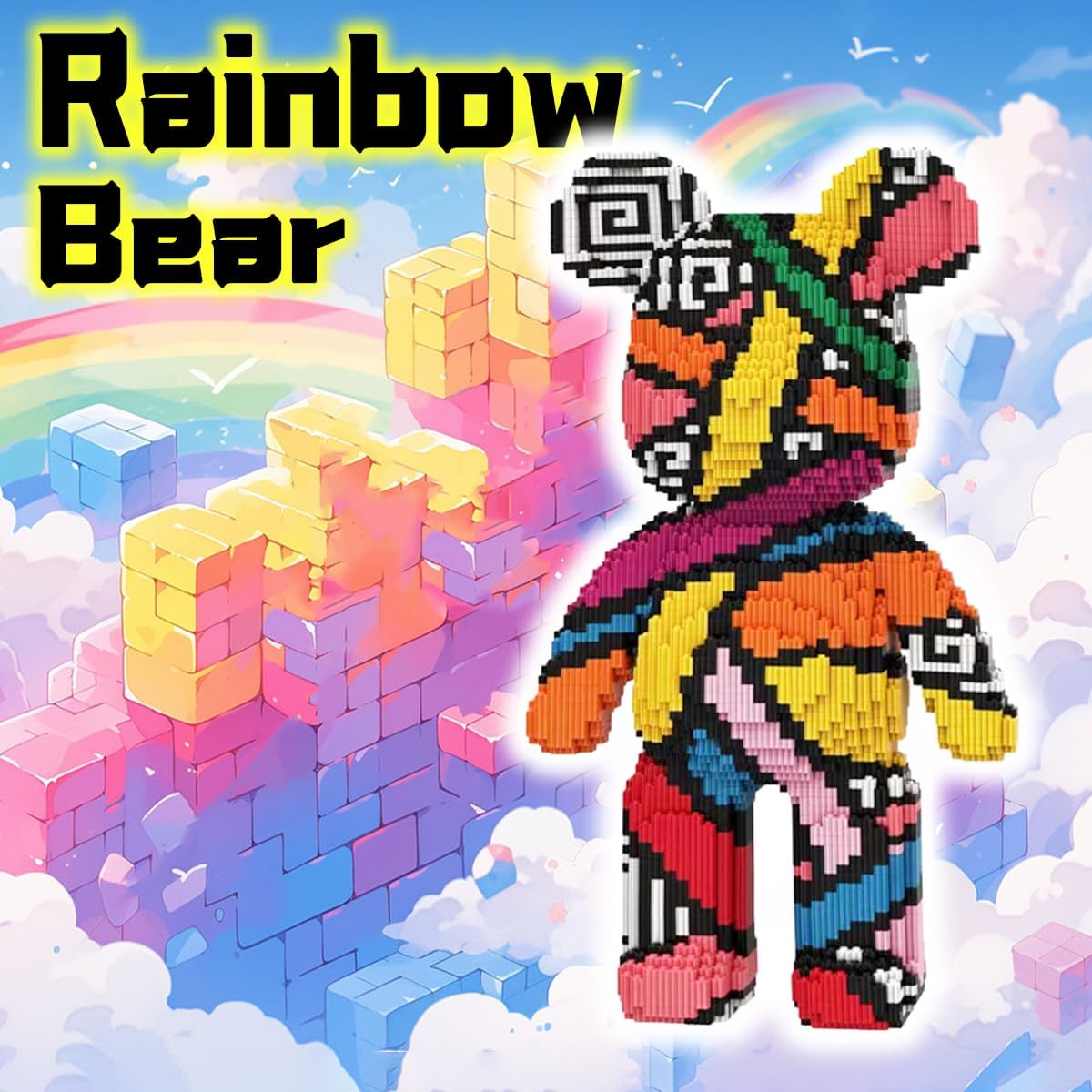 Rainbow Graffiti Teddy Bear Micro Building Blocks Set(16.9inches) Christmas Bear Building Blocks Winktoys Gift for Adult and Kid