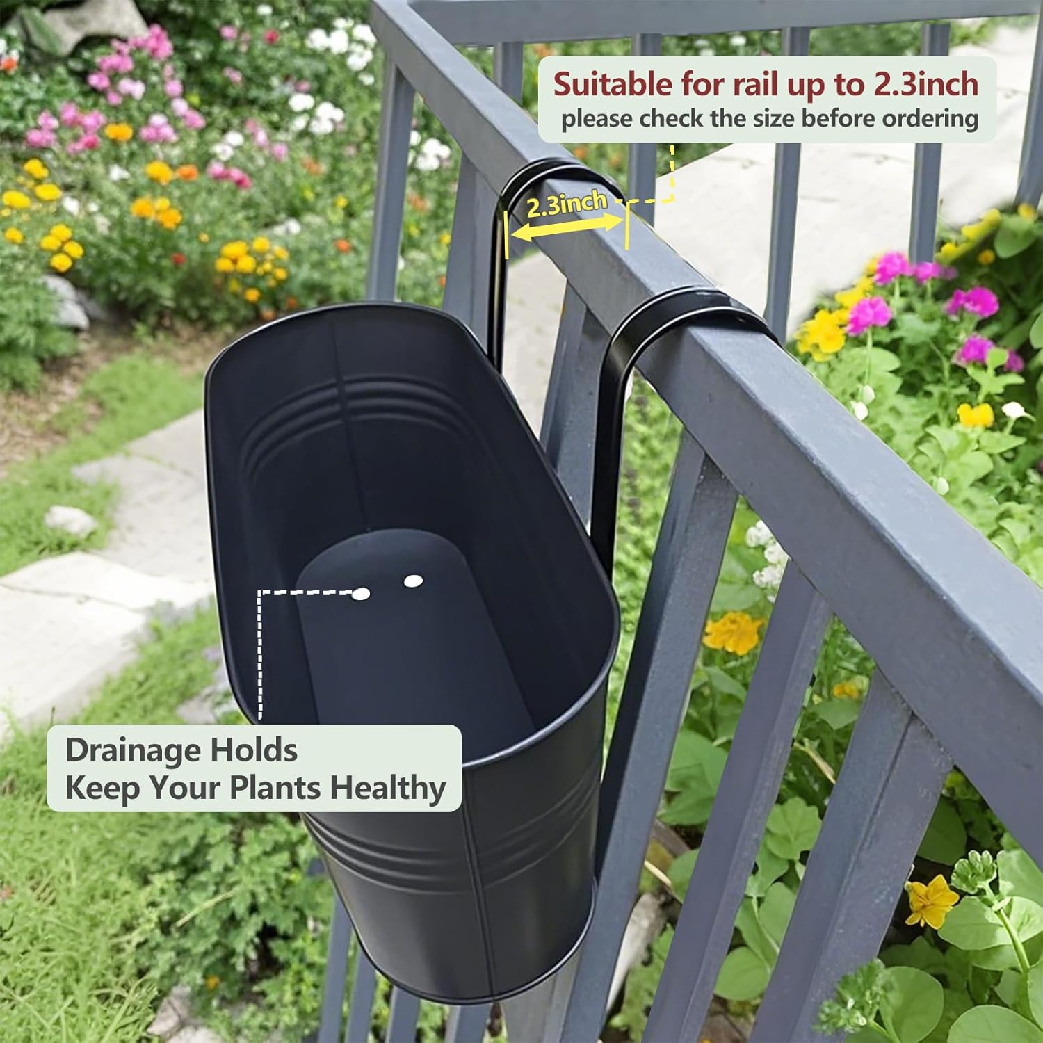 16 Inch 4 PCS Metal Hanging Flower Pots for Railing Fence, Large Railing Planters for Outdoor Plants, Fence Hanging Planters with Detachable Hooks for Garden Balcony