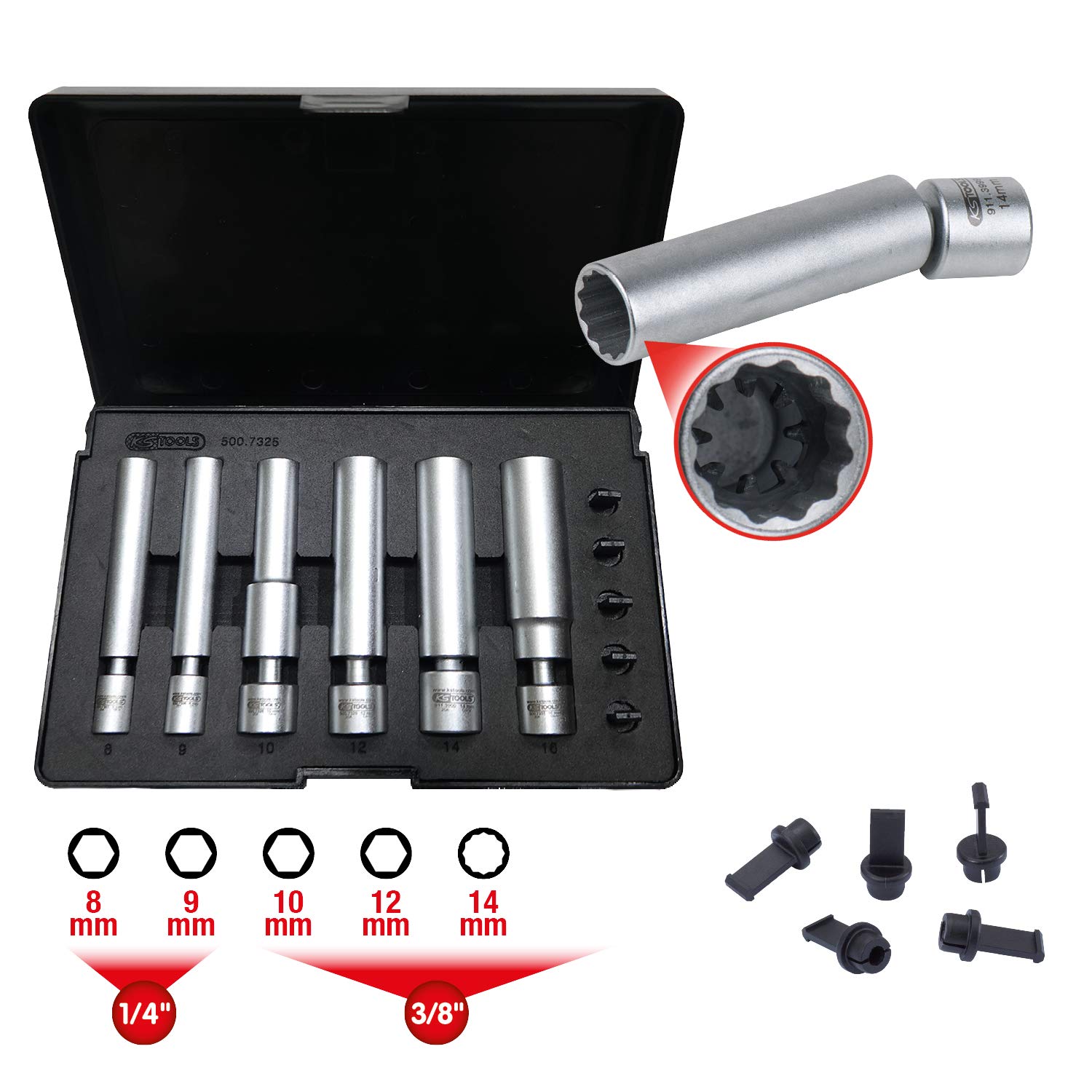 KS Tools 500.7325 Juego de llaves de vaso es para bujías de incandescencia y de chispa de 1/4" + 3/8" con articulación, 11 pzs