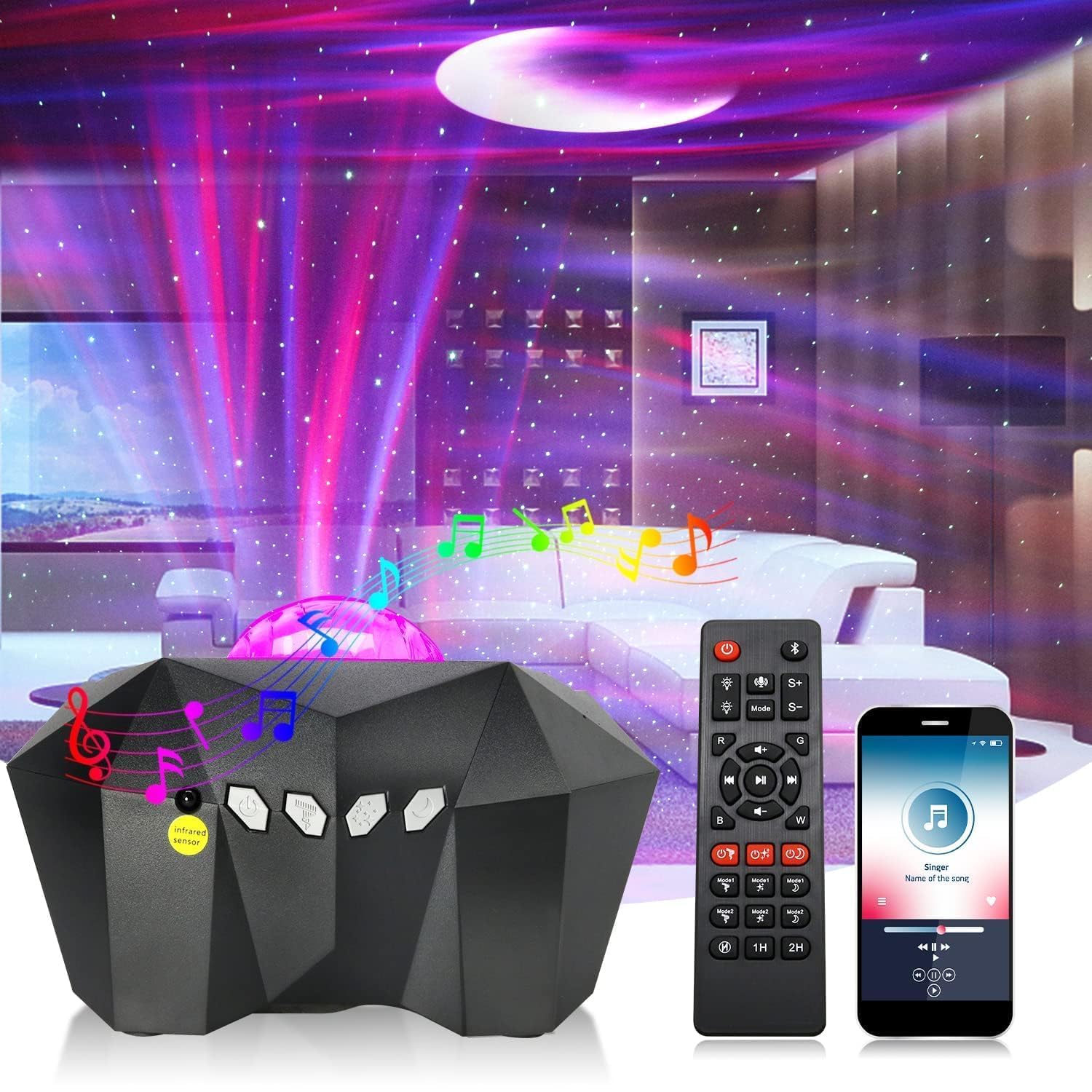 PIKOY Dinosaur Egg Galaxy Star Projector Starry Light with Wireless Music Player, Night Light with White Noise, Nebula, Timer & Remote Control Best Gift & Decoration (Hexa)