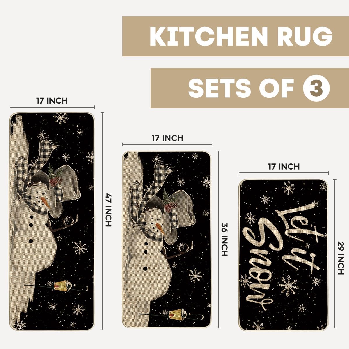 Artoid Mode Let It Snow Snowflake Snowman Light Christmas Decorative Kitchen Mats Set of 3, Home Party Low-Profile Kitchen Rugs - 17"x29"+17"x36"+17"x47"