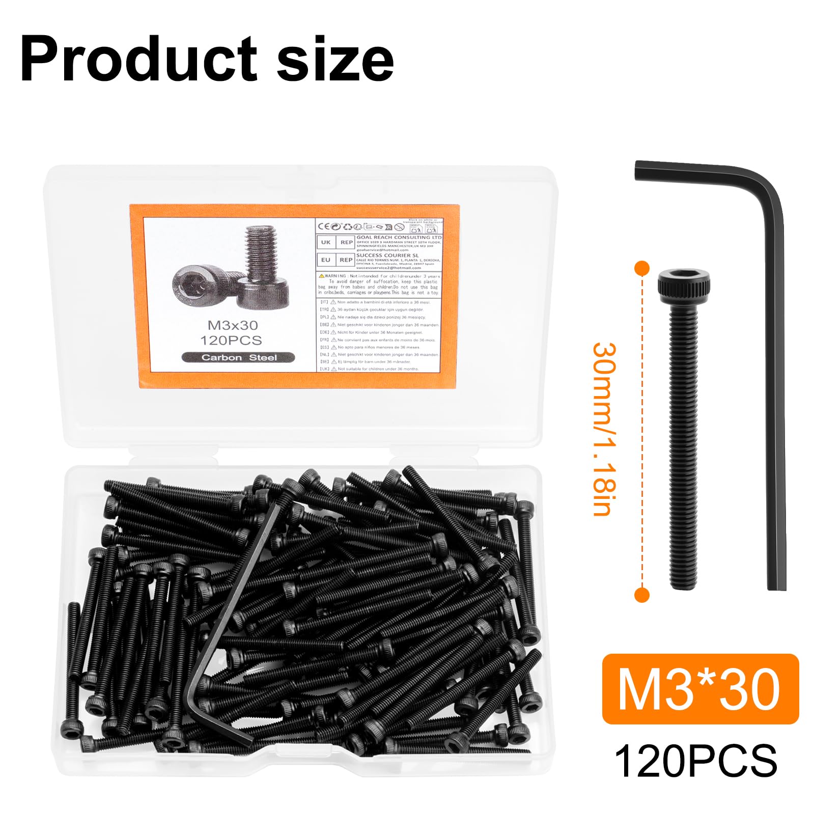 120 sztuk zestawu śrub M3, zestaw śrub M3 x 30 mm z łbem sześciokątnym wewnętrznym, śruby cylindryczne, śruby z pełnym gwintem z łbem sześciokątnym wewnętrznym, w kolorze czarnym, z kluczami