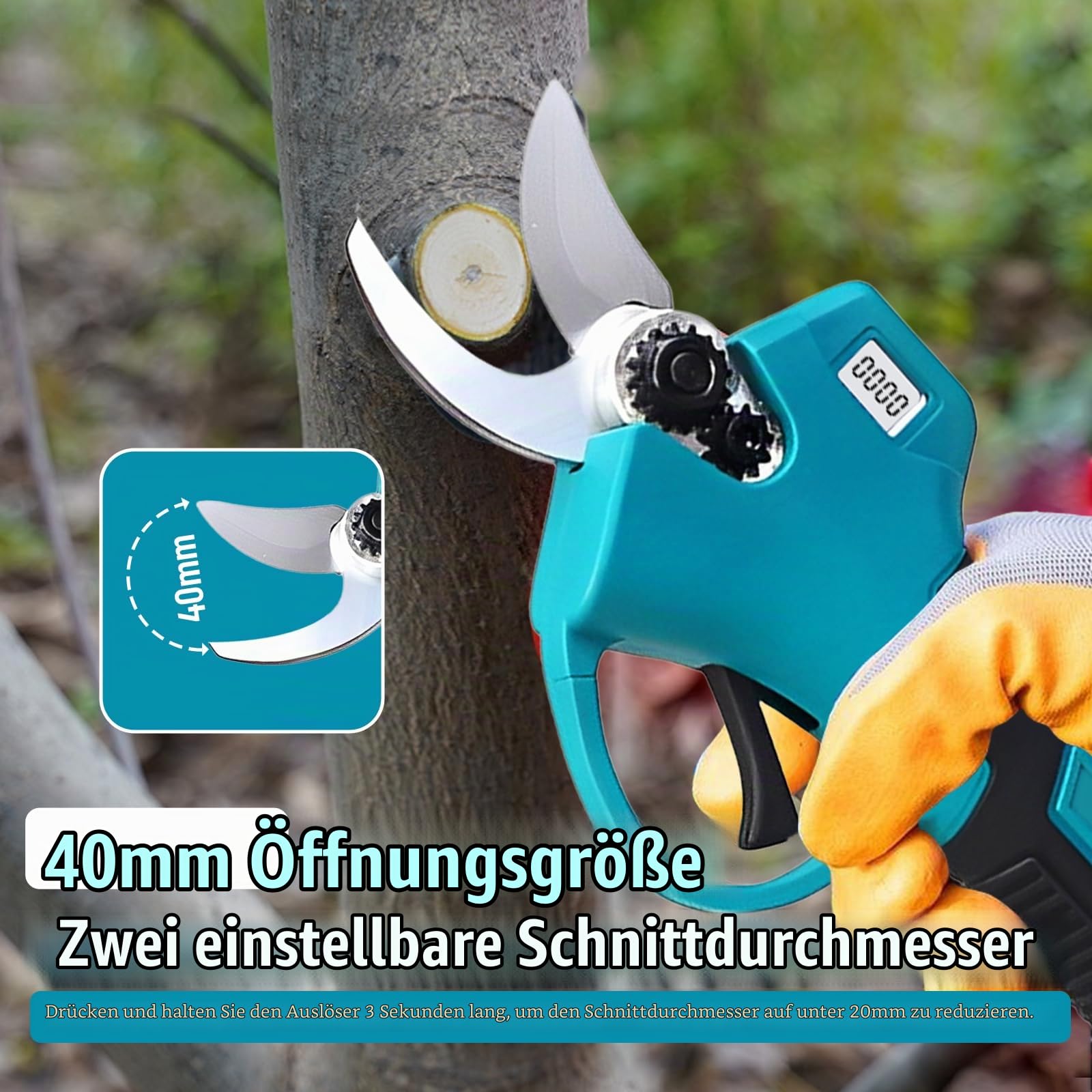 Akku Teleskop Astschere Profi Set 180° schwenkbarer Schneidkopf | 2X 2000mAh Li-Ion Akku inkl. Schultergurt, Handschuhe, Schutzbrille Zubehör für Obstbaum und Gartenbau