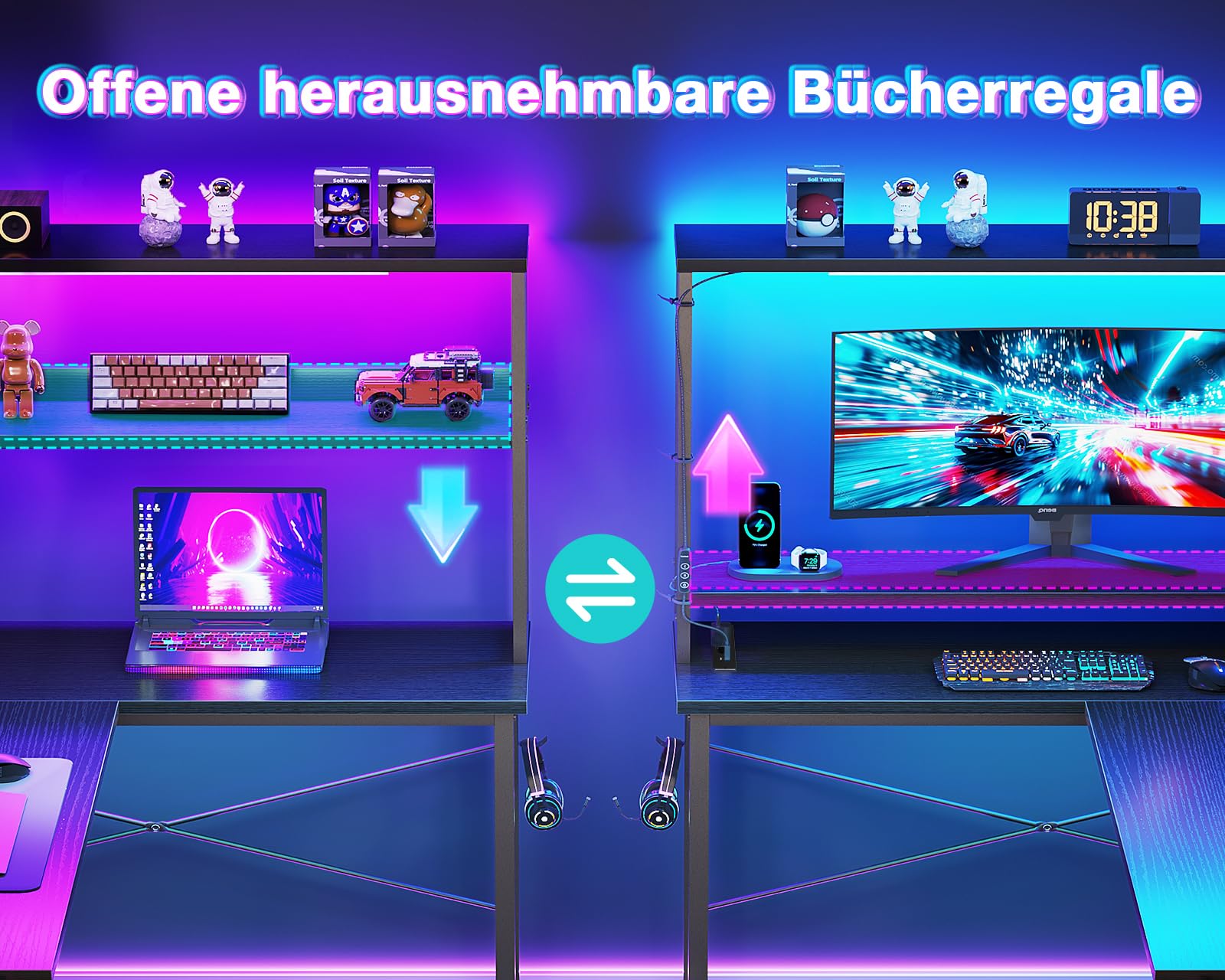 Coleshome Biurko Gamingowe Narożne z Oświetleniem LED i Gniazdkami, Rewersyjne Biurko w Kształcie L z Półkami, Torbą do Przechowywania i Haczykiem (Czarny, 155×100 cm)