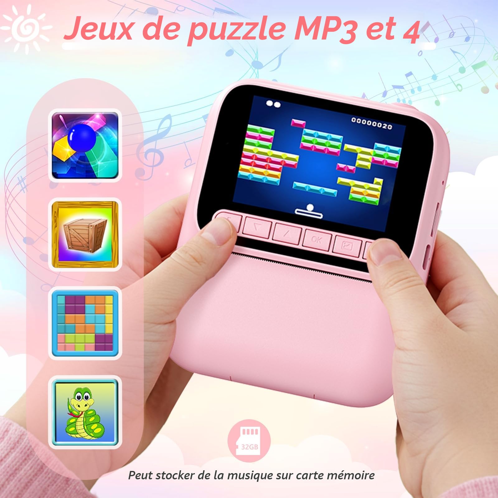Appareil Photo Instantané Enfants,1080P Appareil Photo Enfant avec 5 Rouleaux de Papier,Carte 32GB et Stylos de Couleur,Appareil Photo Numérique Portable pour Garçons et Filles de 3-14 Ans (Rose)