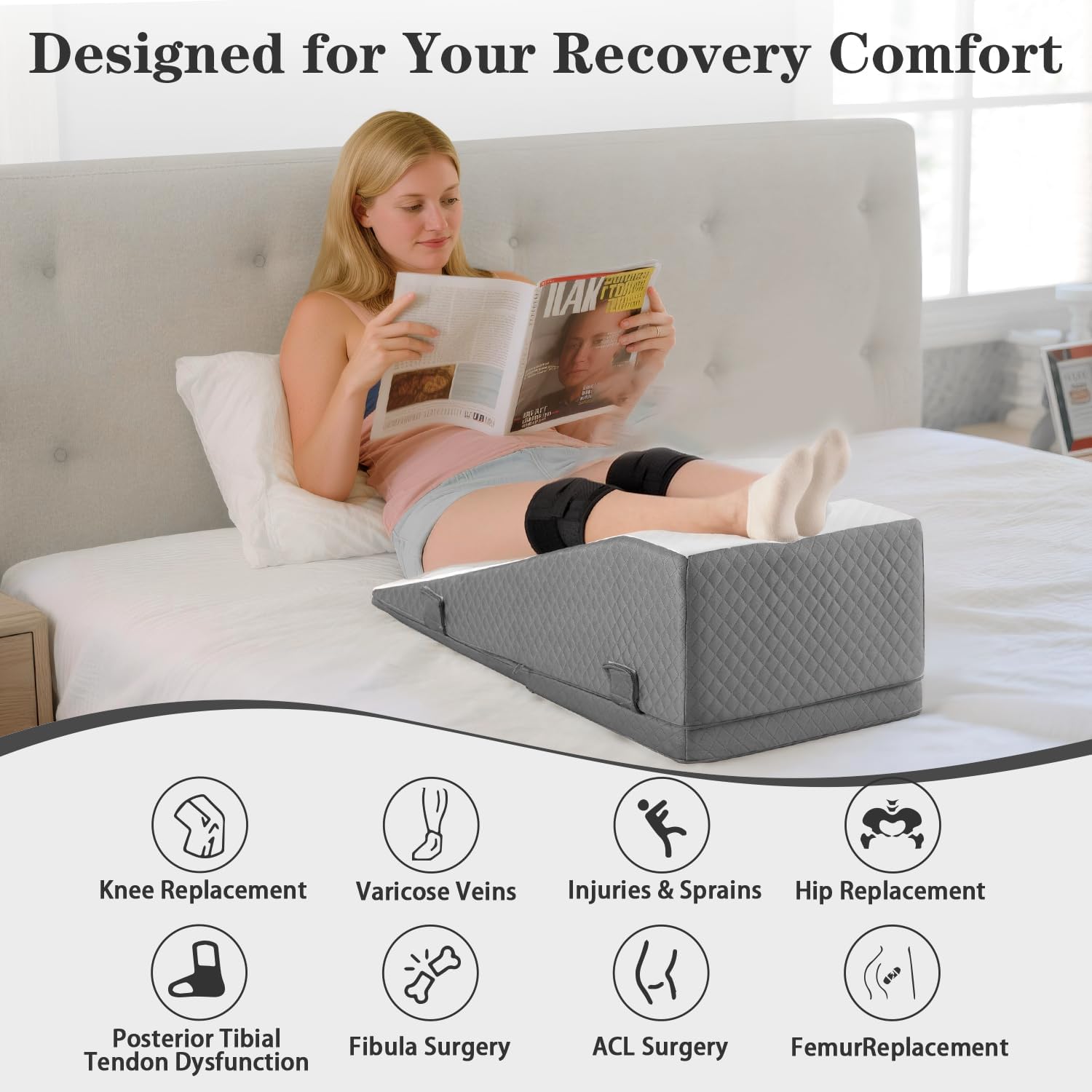Hapiclody Leg Elevation Pillow for After Surgery – Adjustable Height Knee Surgery Recovery Leg Support Pillow, Designed for Knee Replacement Recovery, Double Legs Elevating Wedge